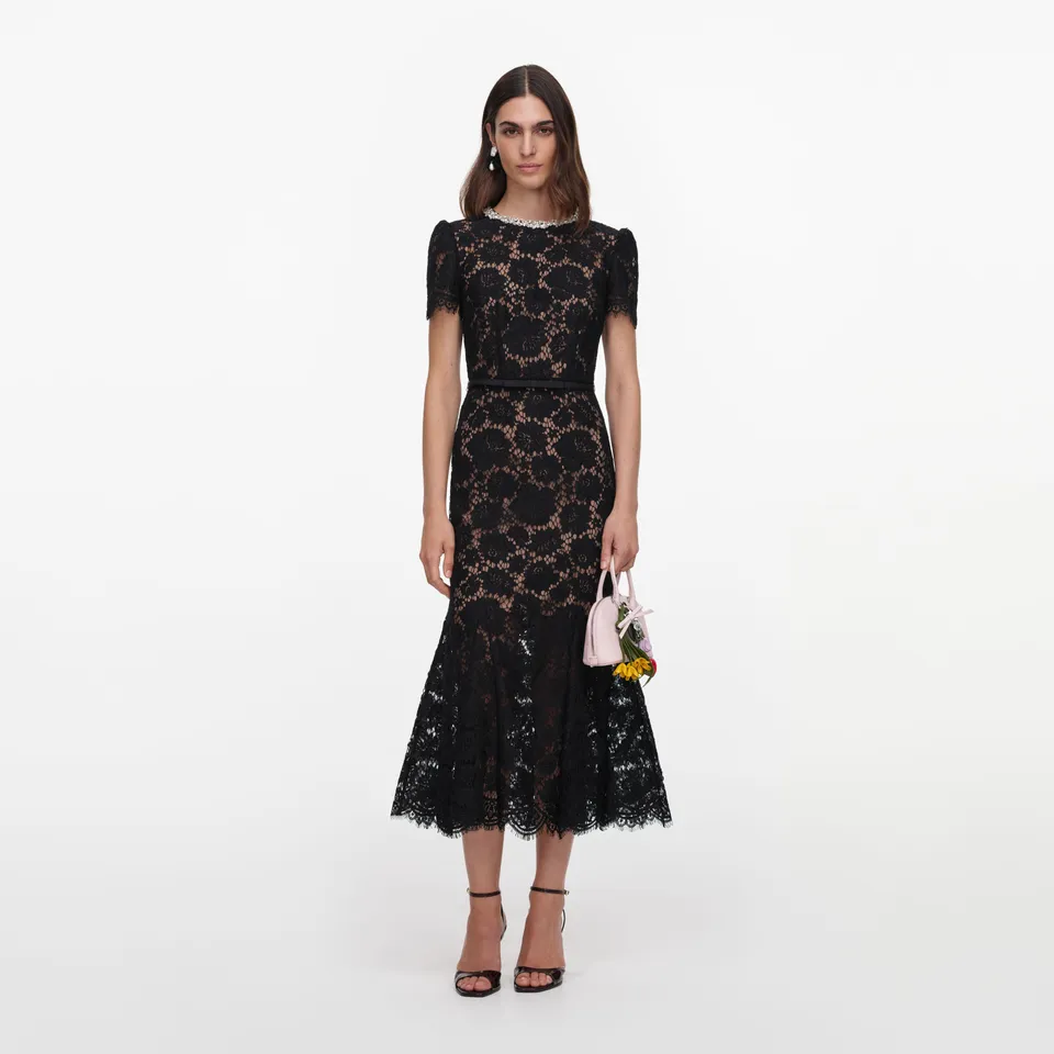 Self Portrait Lace Midikleid schwarz Spitze Strass Gürtel
