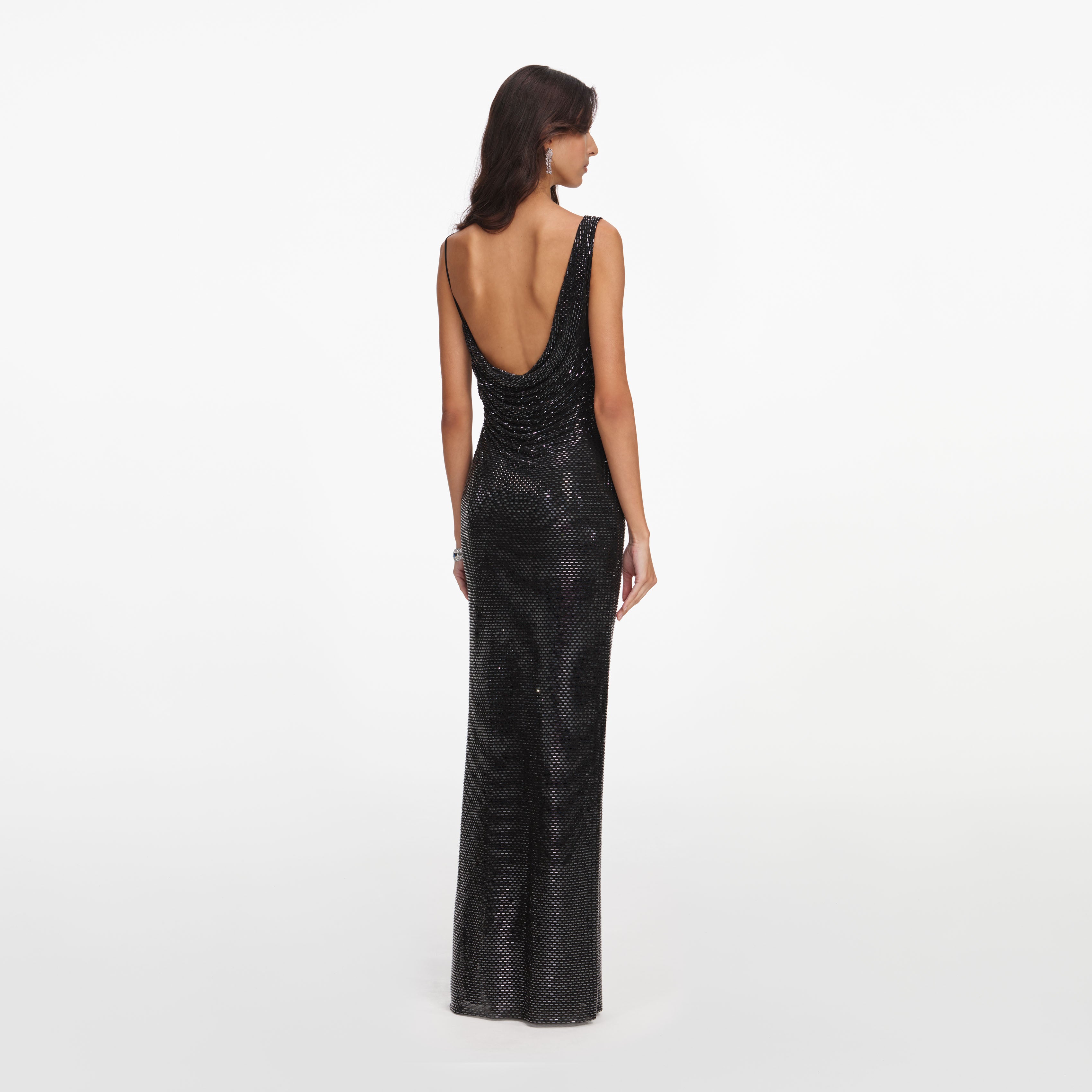 Self Portrait Black Rhinestone Draped Maxi Dress Schwarz
