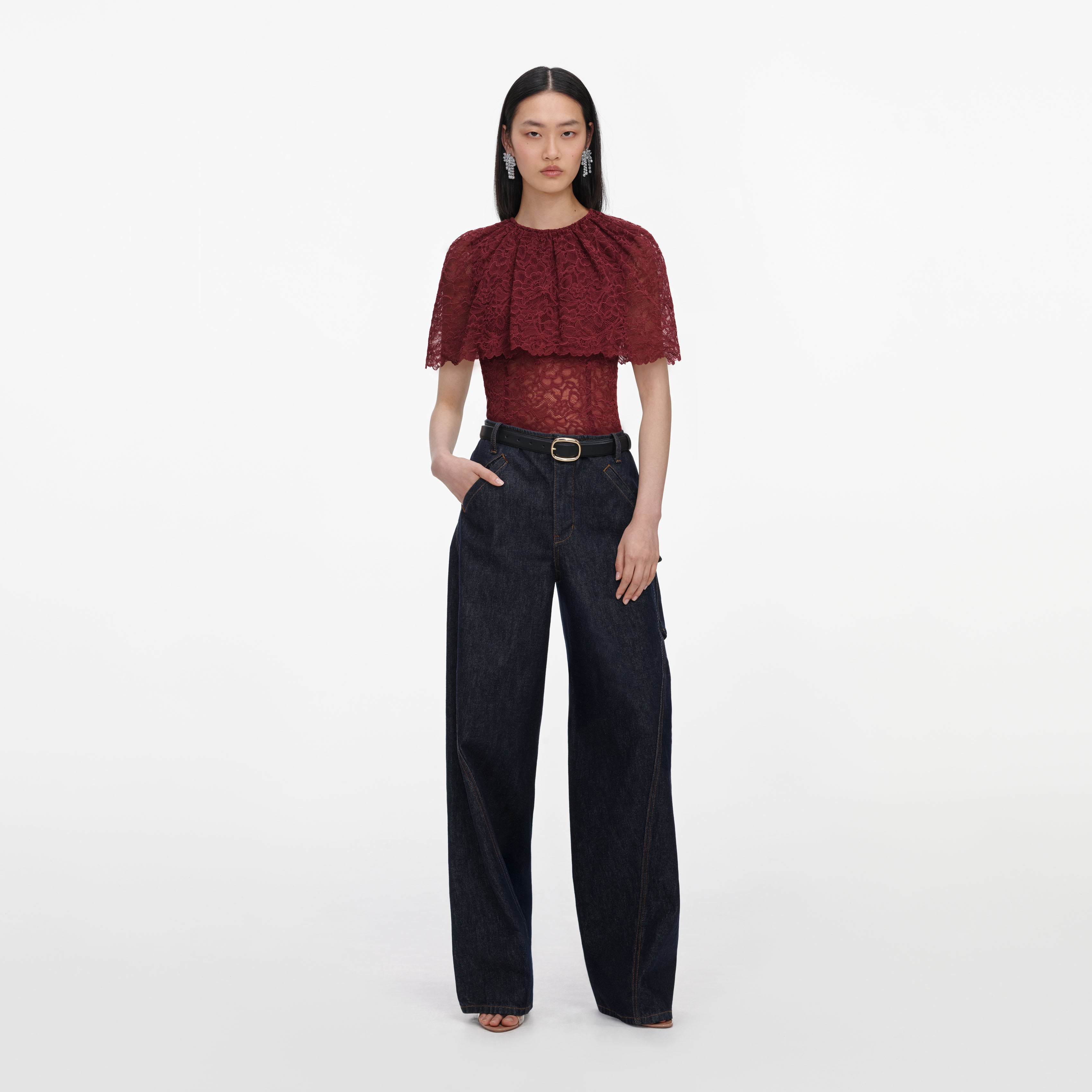 Self Portrait Outerwear Burgundy Cape Top bordeaux Spitze