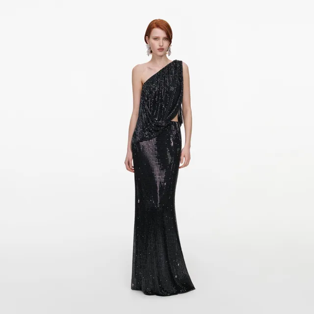 Self Portrait Black Rhinestone One Shoulder Maxikleid Schwarz UK 8
