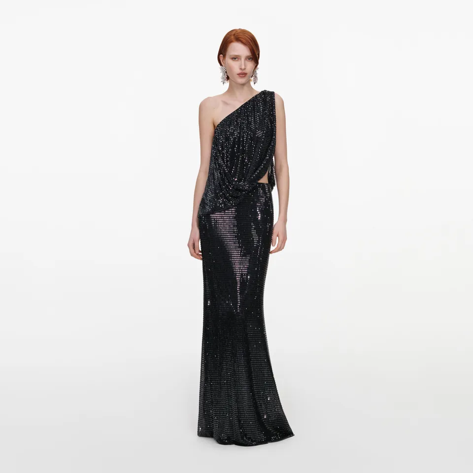 Self Portrait Black Rhinestone One Shoulder Maxikleid Schwarz UK 8
