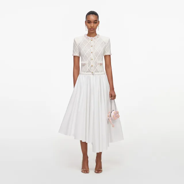 Self Portrait Fringe Knit Midikleid creme Baumwolle