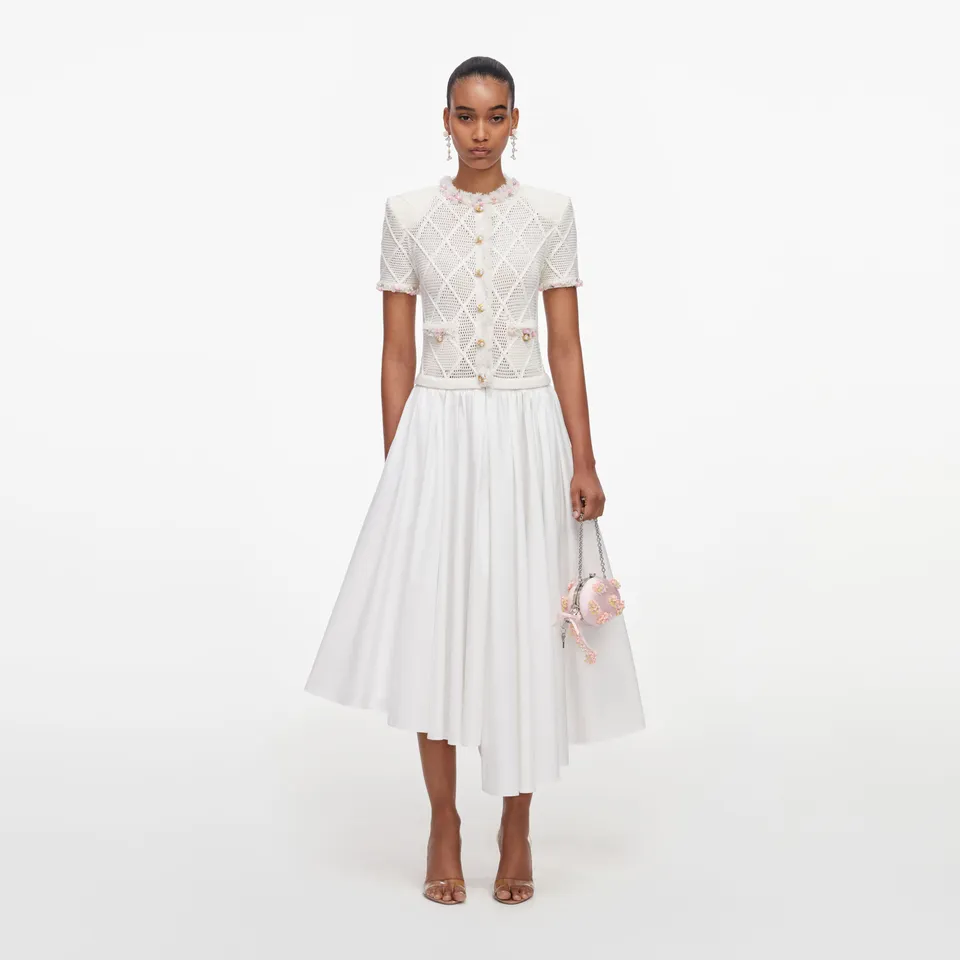 Self Portrait Fringe Knit Midikleid creme Baumwolle