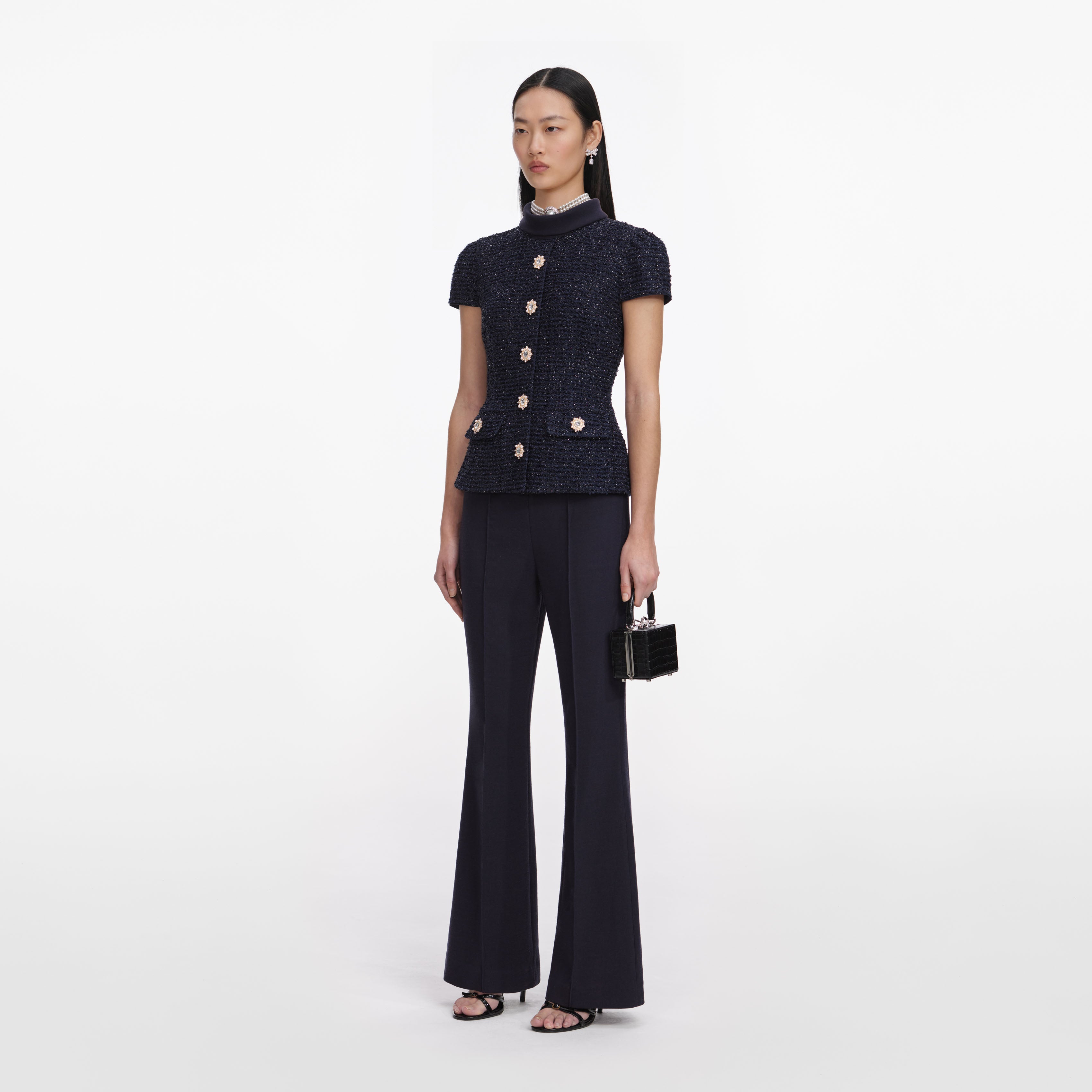 Self Portrait Navy Metallic Boucle Jumpsuit Overall Blau