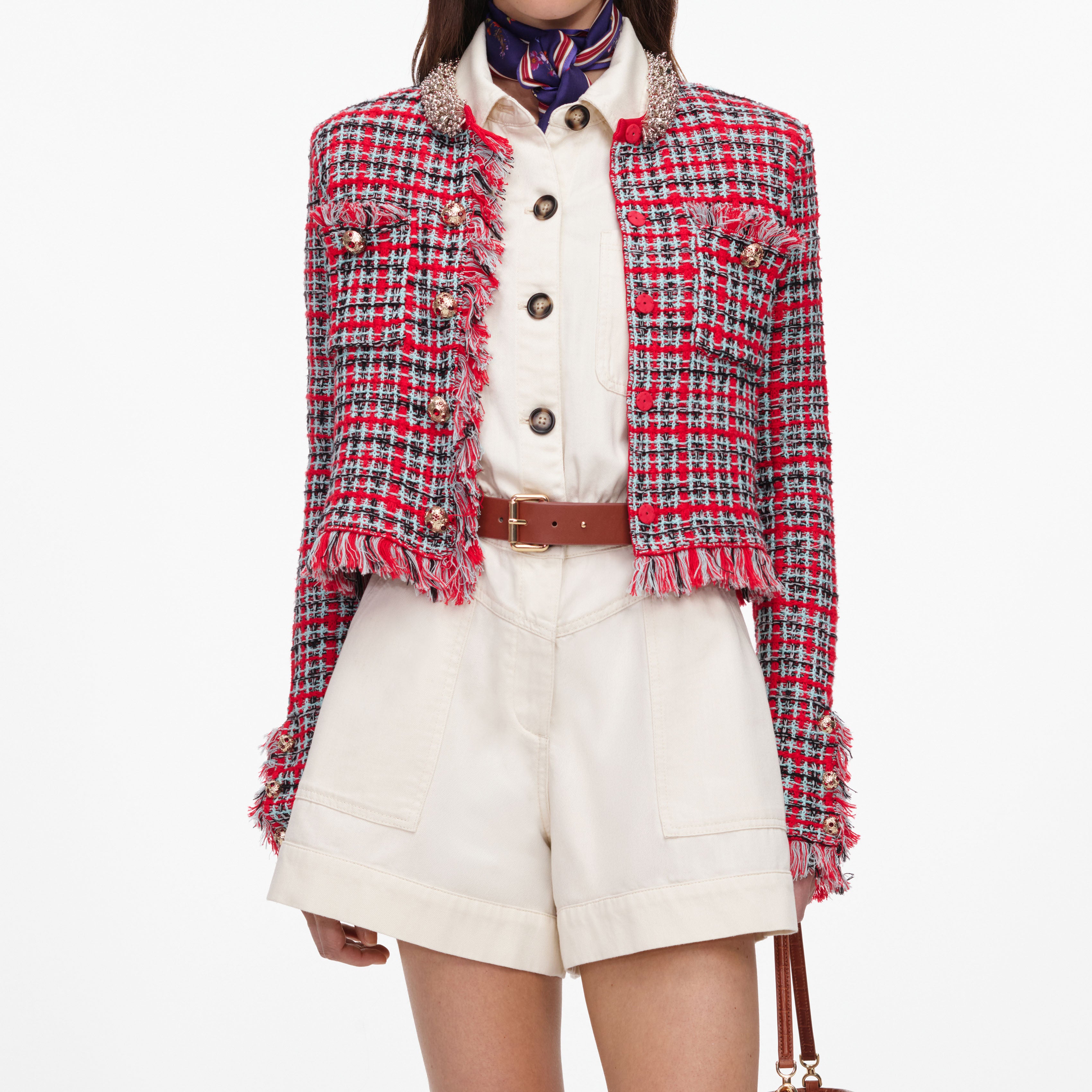 Self Portrait Red Check Frayed Knit Jacke S Rot Karo