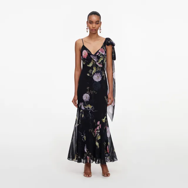 Self Portrait Black Floral Georgette Maxi Kleid Schwarz