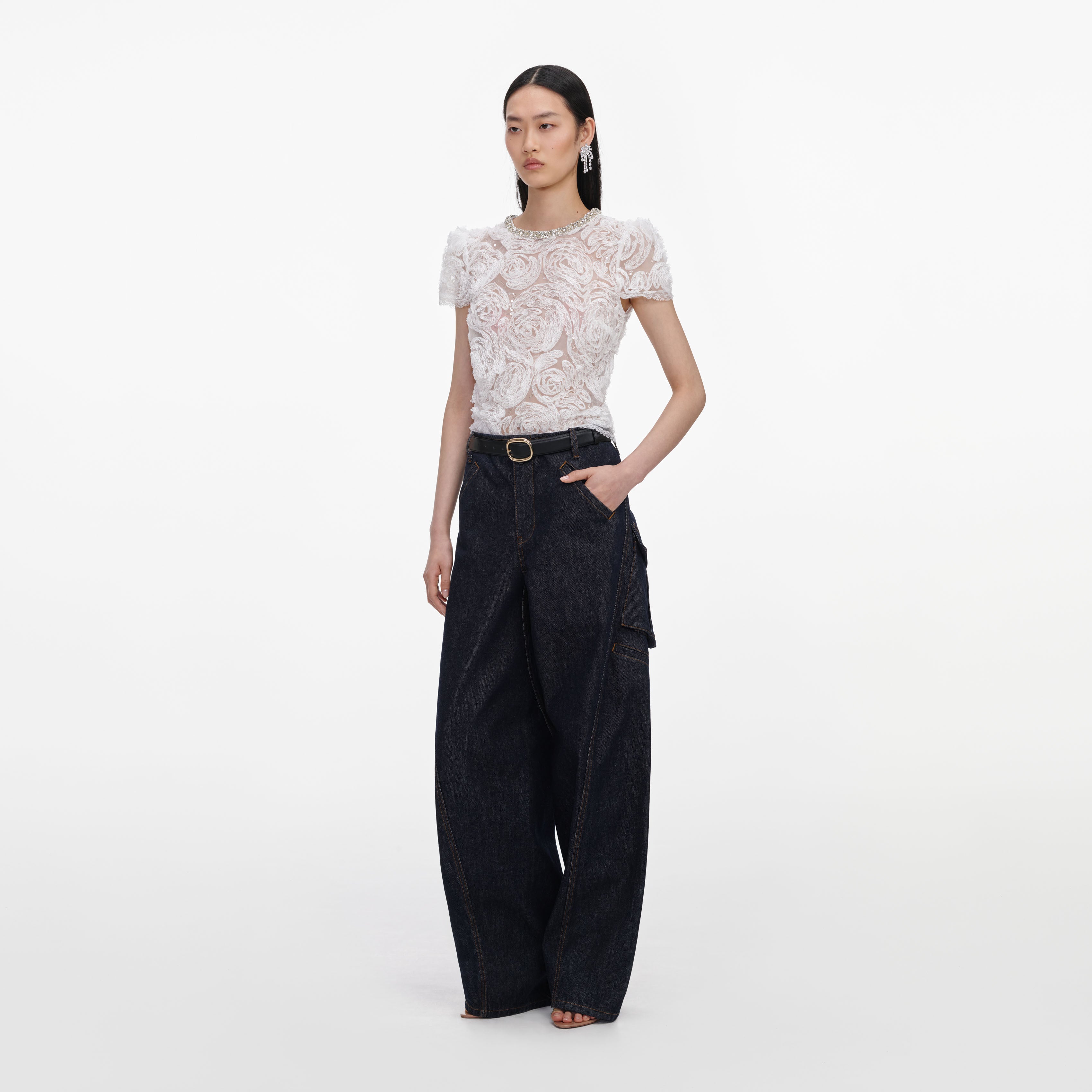Self Portrait White Tulle Lace Top Weiß Perlen