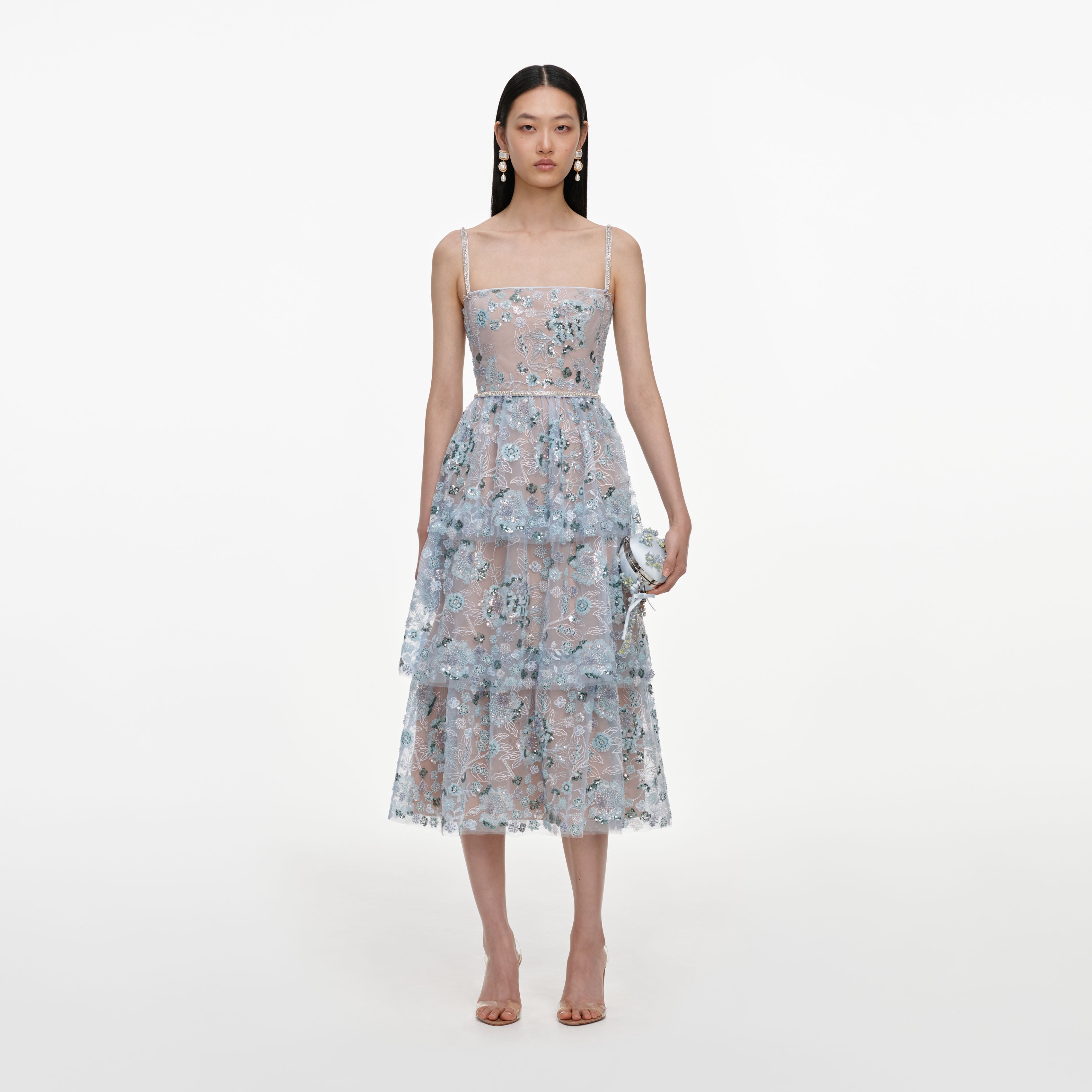 Self Portrait Dresses Blue Sequin Tiered Midi Kleid Blau UK 10