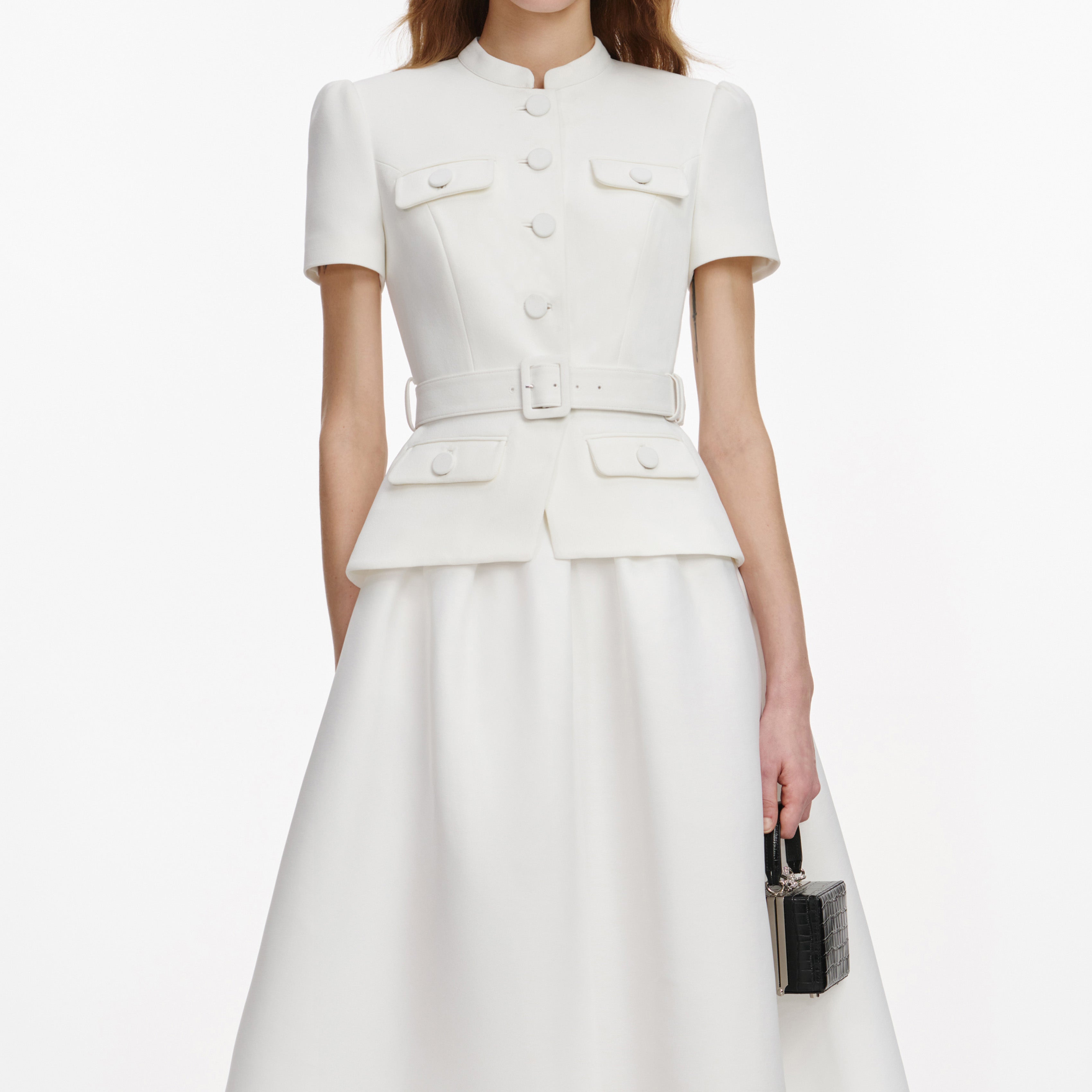 Self Portrait White Tailored Taffeta Midikleid Weiss