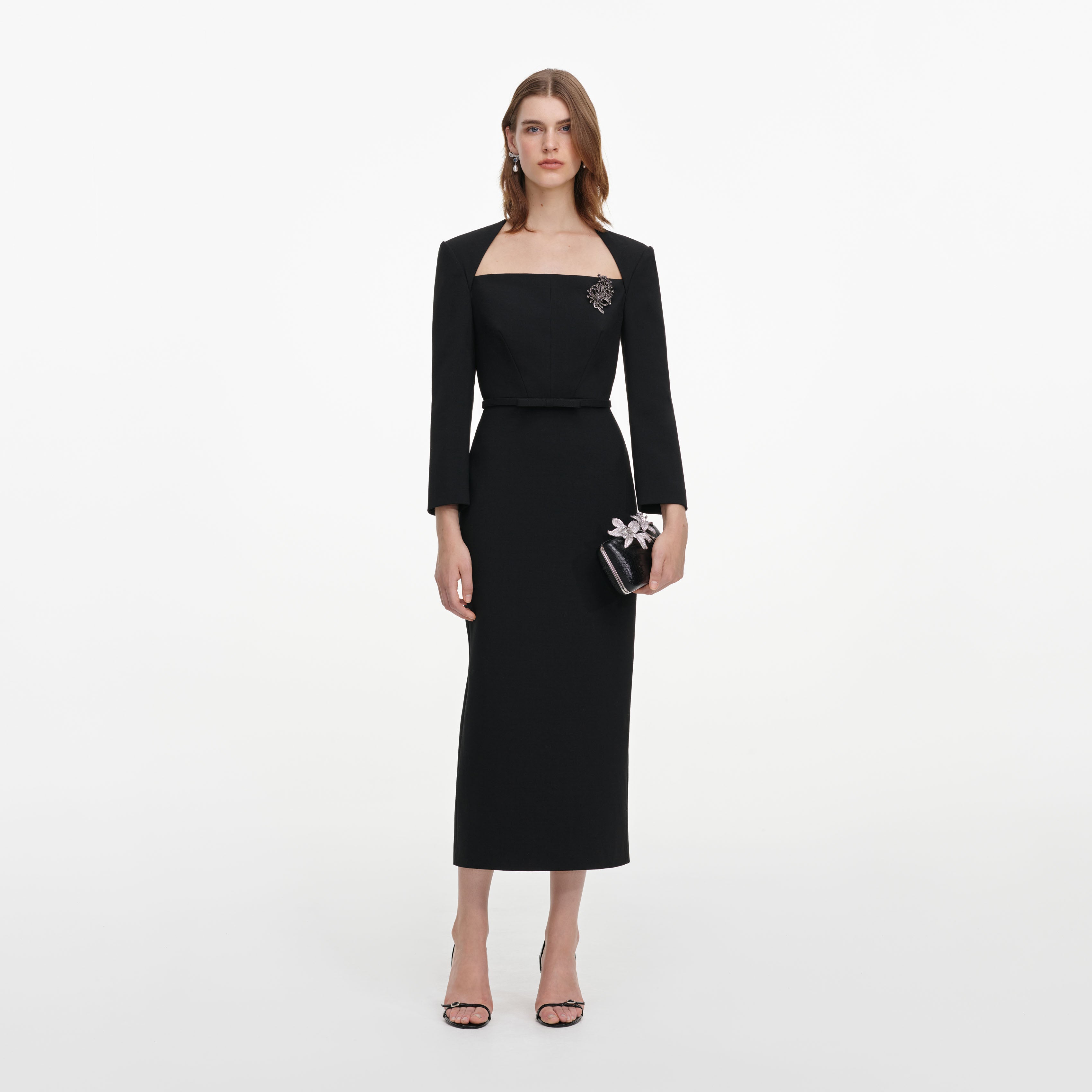 Self Portrait Black Tailored Brooch Midi Kleid Schwarz Wolle