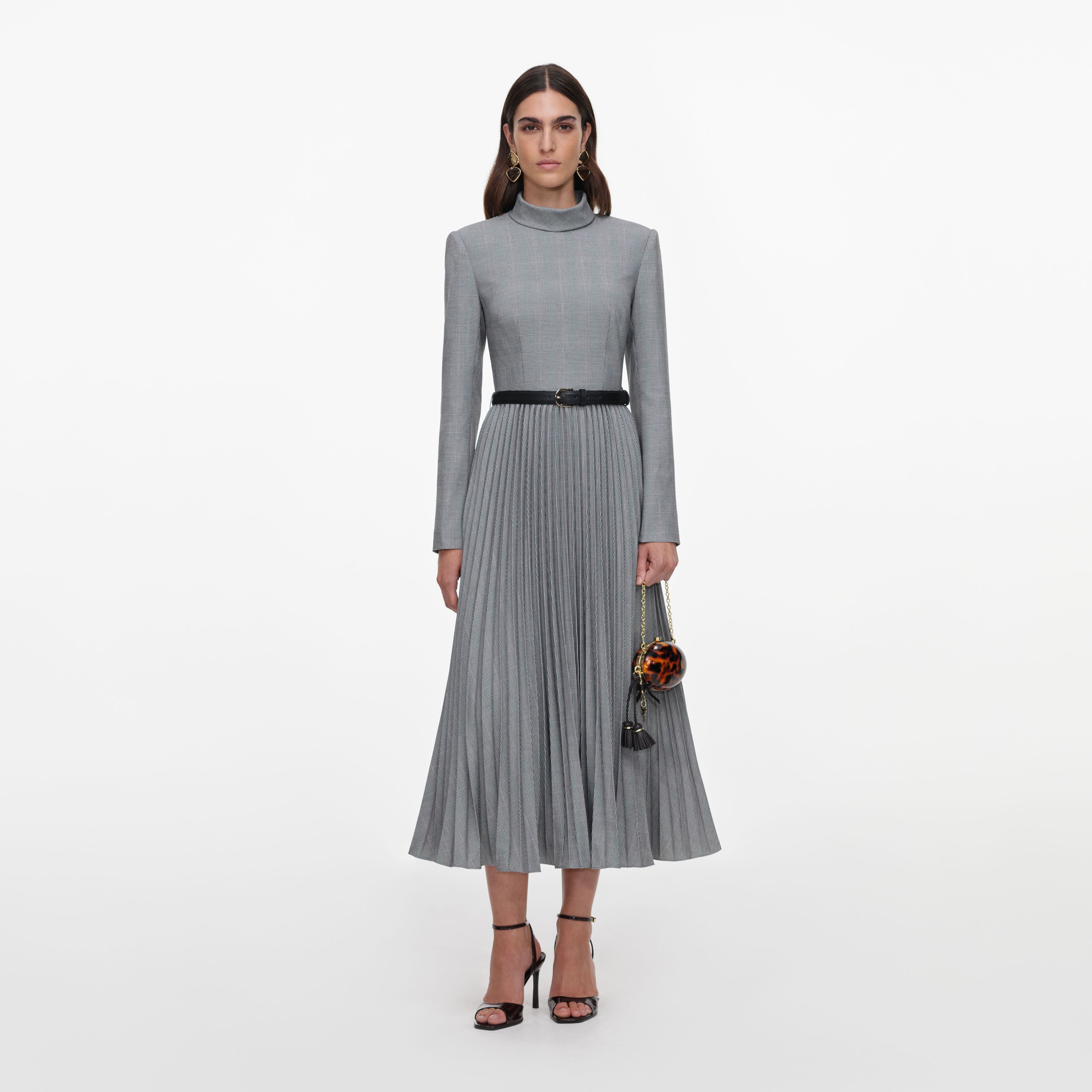 Self Portrait Dresses Grey Check Pleated Midi Kleid Grau Wolle