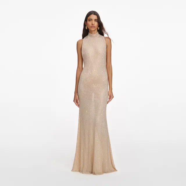 Self Portrait Champagne Rhinestone Maxi Kleid champagner
