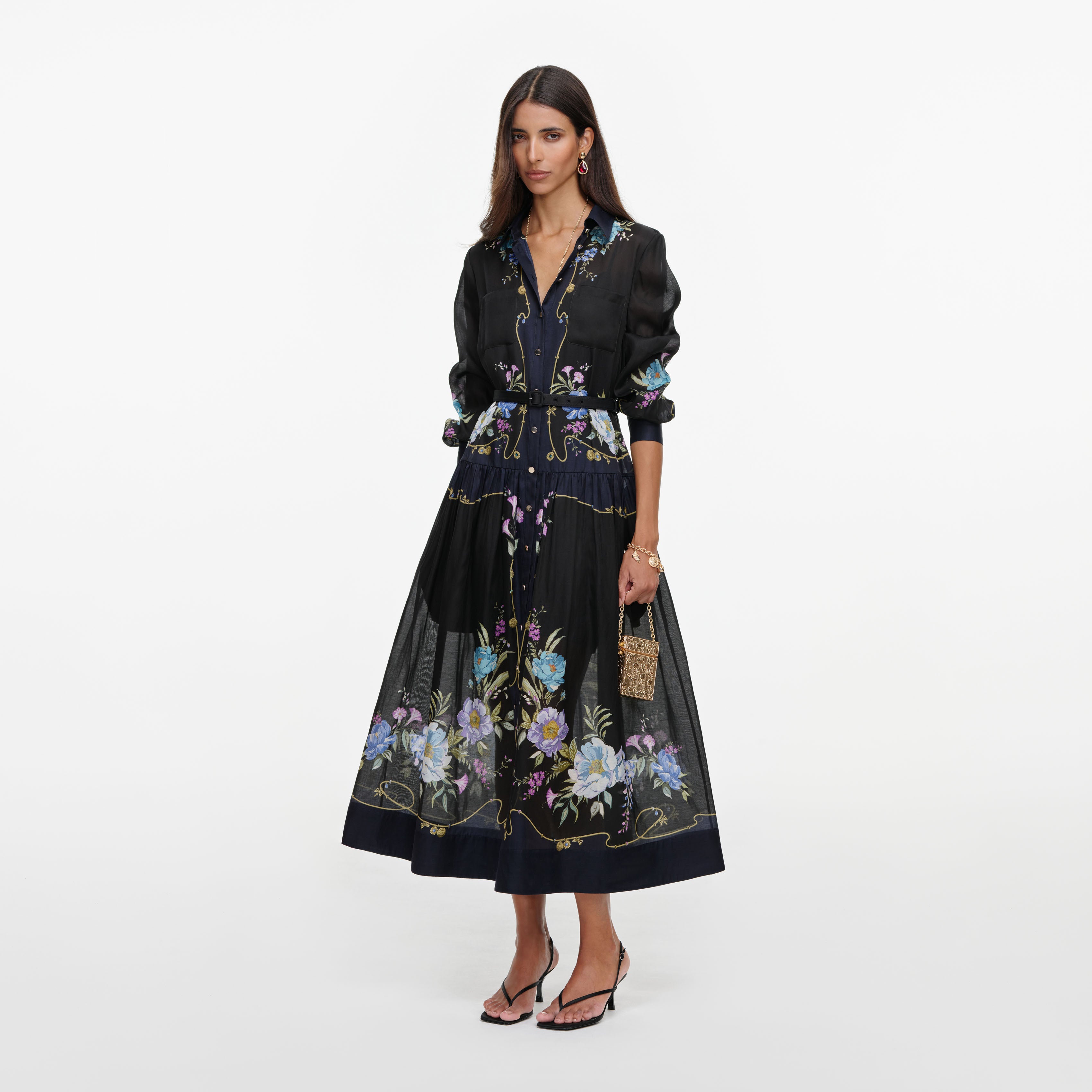 Self Portrait Dresses Navy Floral Organza-Midikleid UK 10 Blumen
