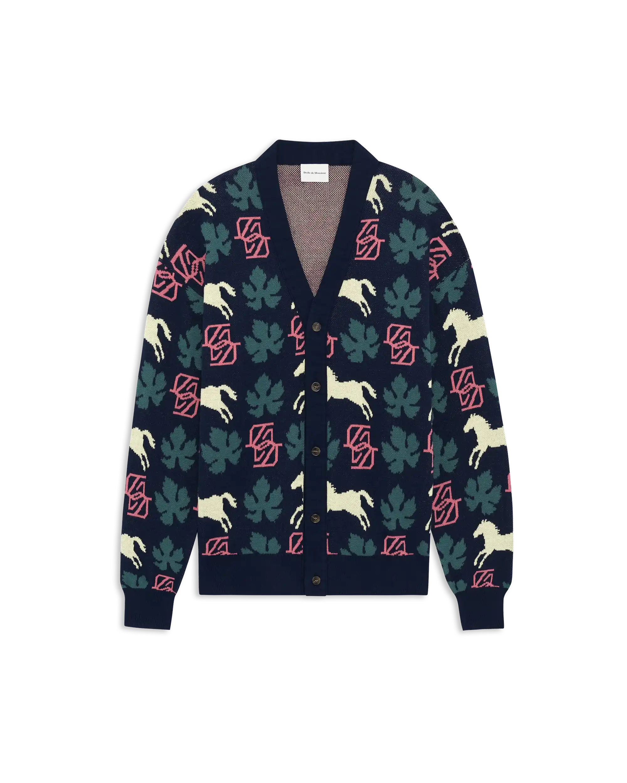 Drôle De Monsieur Horse Monogram Knit Cardigan Navy Baumwolle