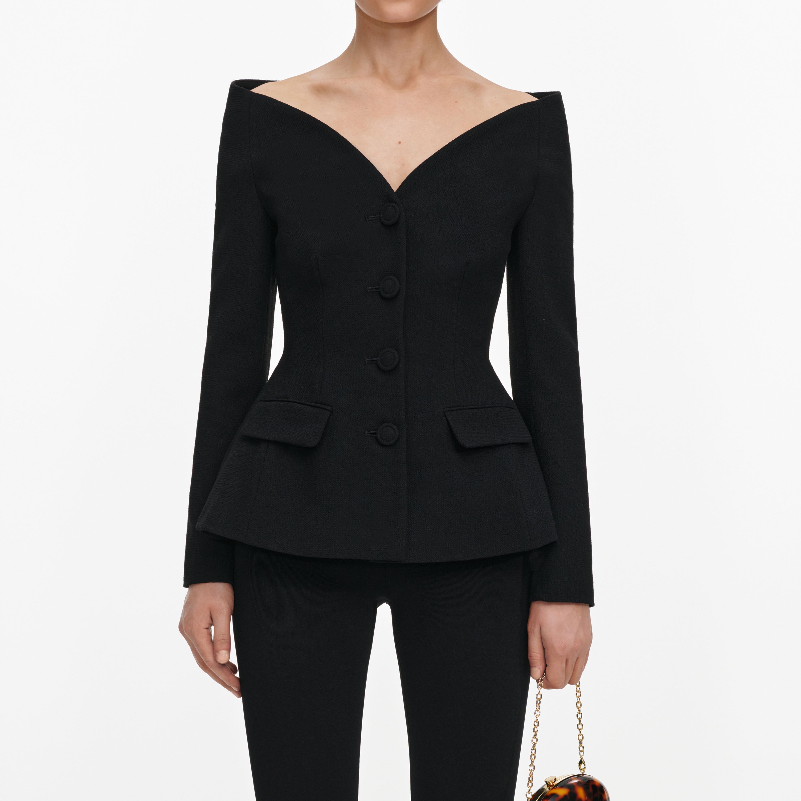 Self Portrait Jacket Schwarz Woll-Crepe Off-Shoulder Peplum