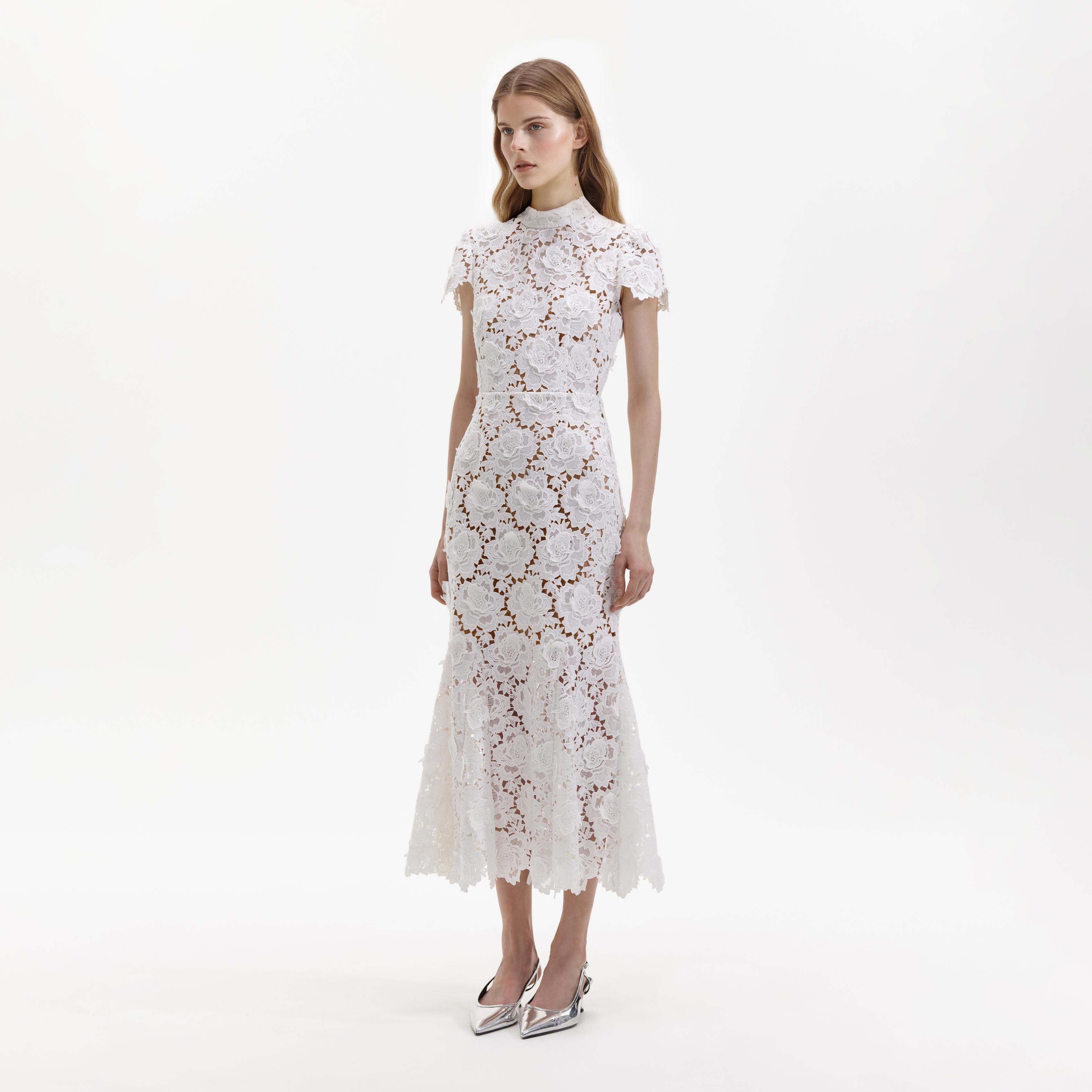 Self Portrait White Flower Lace Midikleid Weiß Spitze