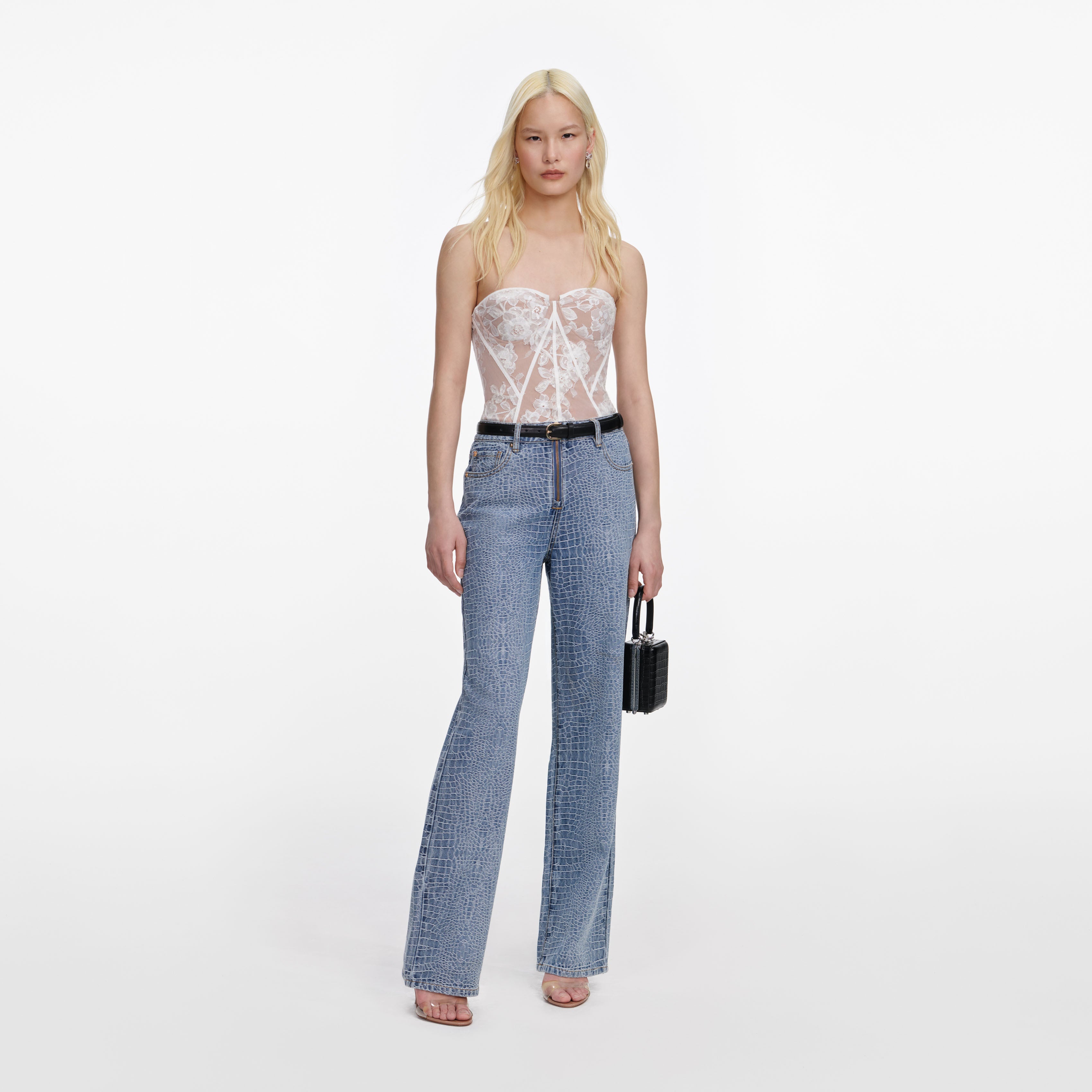 Self Portrait White Sequin Lace Bandeau Top Weiß Korsett