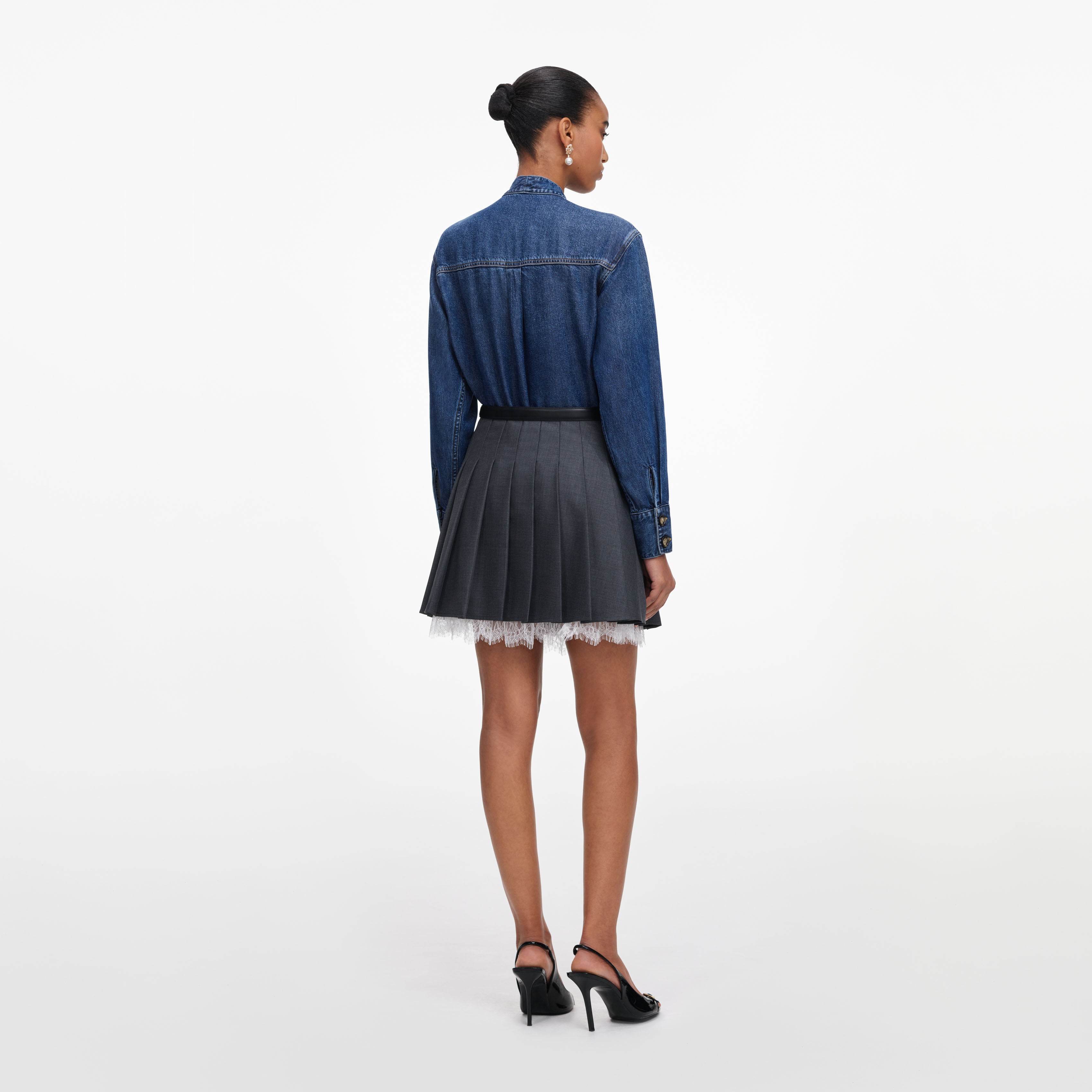 Self Portrait Denim Tie Neck Shirt Denimhemd Blau Schleife
