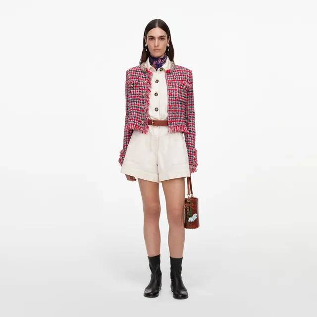 Self Portrait Red Check Frayed Knit Jacke S Rot Karo