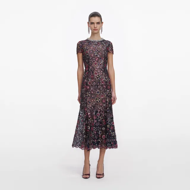 Self Portrait Kleid Marine Floral Midi Pailletten