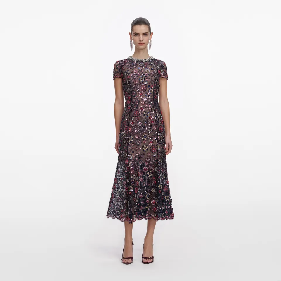 Self Portrait Kleid Marine Floral Midi Pailletten