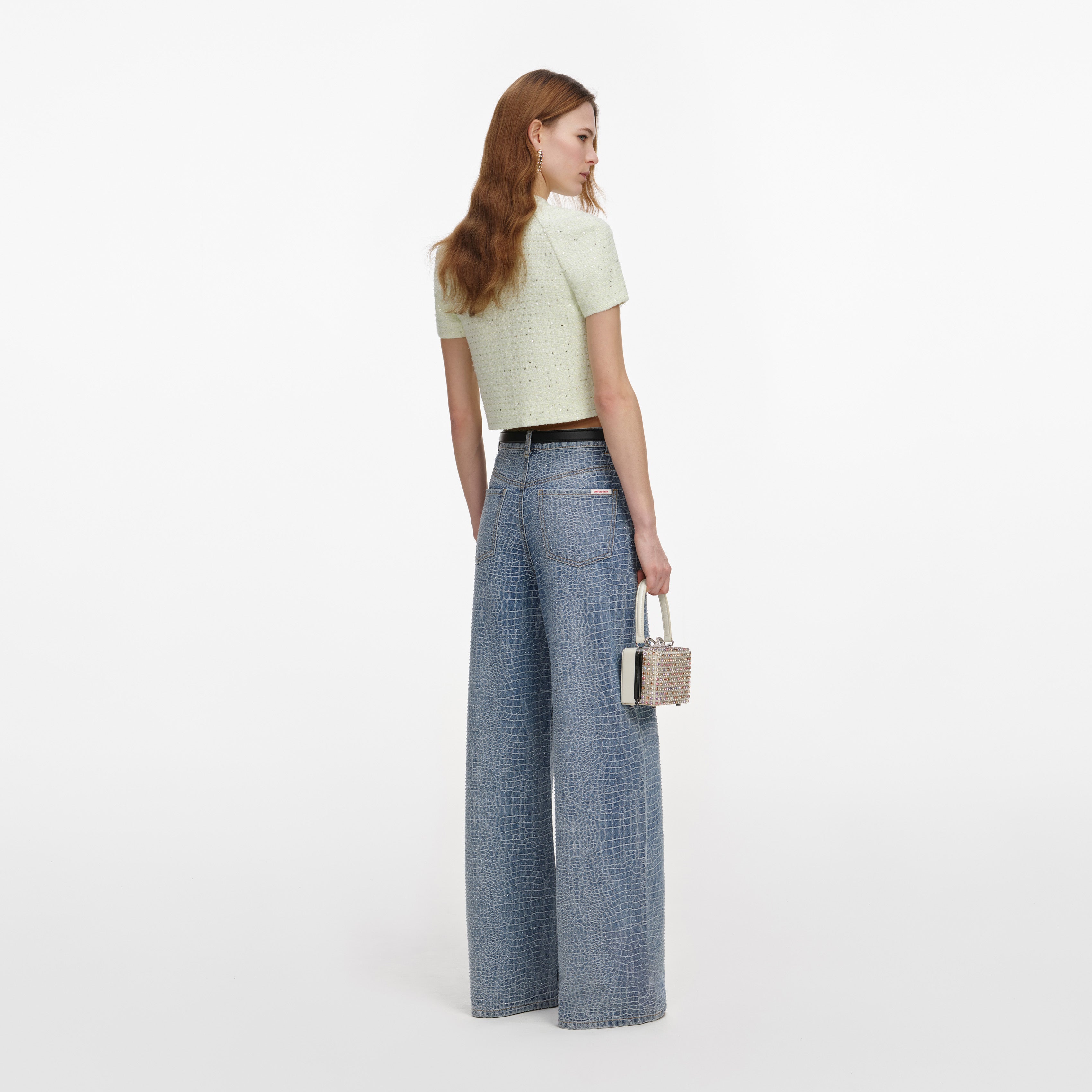 Self Portrait Lime Boucle Top Damen Top Grün UK 8 Bouclé