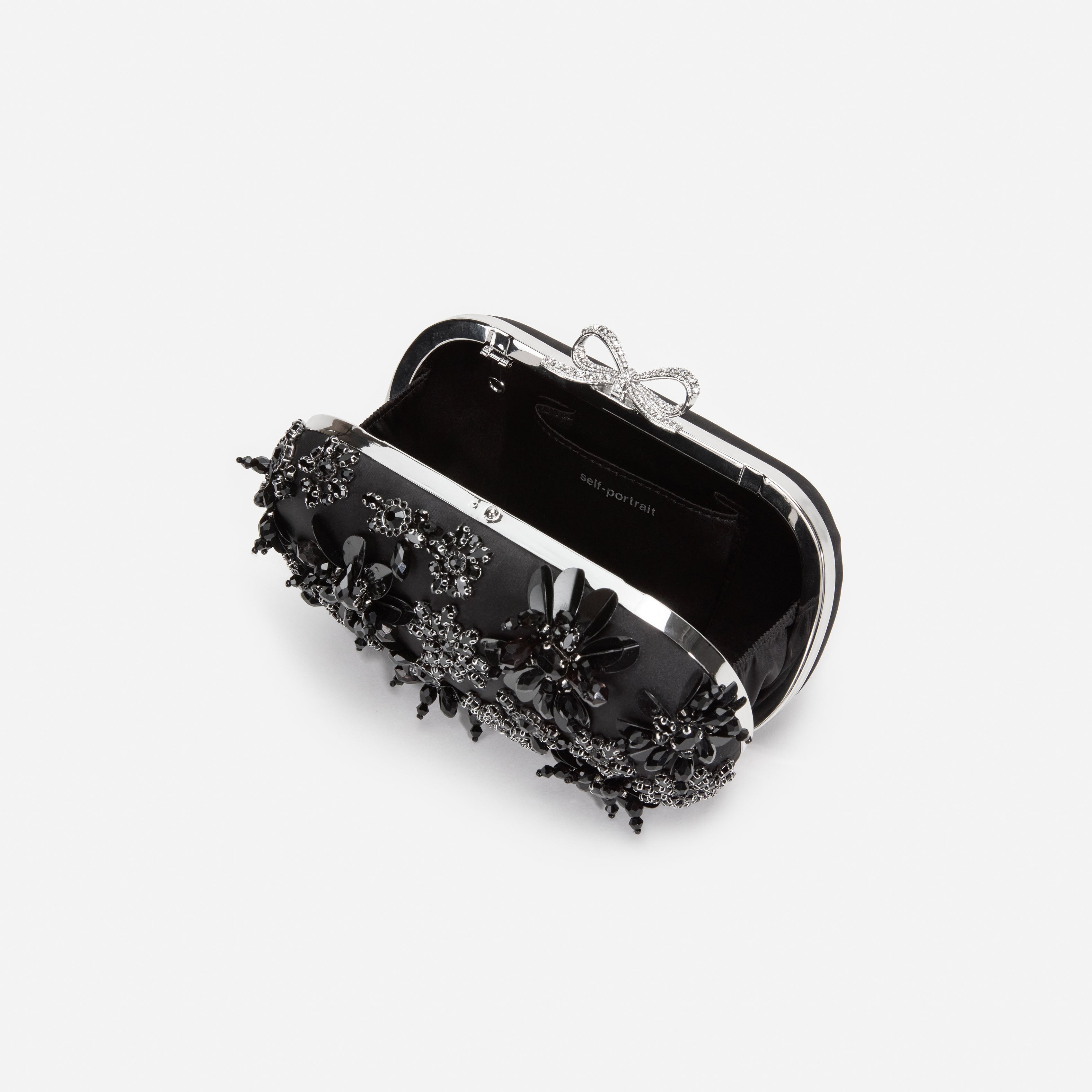 Self Portrait Black Satin Floral Crystal Clutch Tasche Schwarz