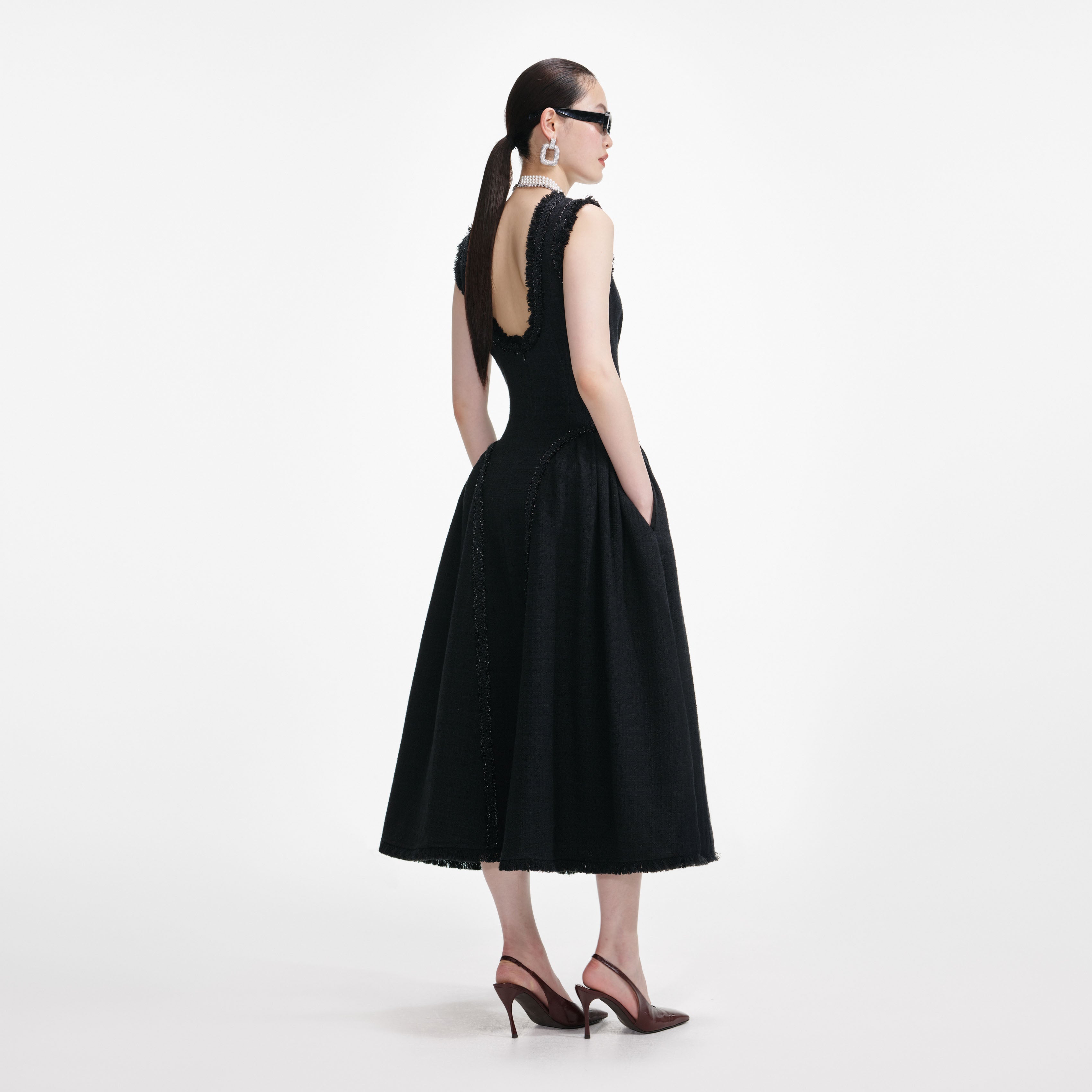 Self Portrait Black Boucle Midi Kleid Ärmellos Schwarz
