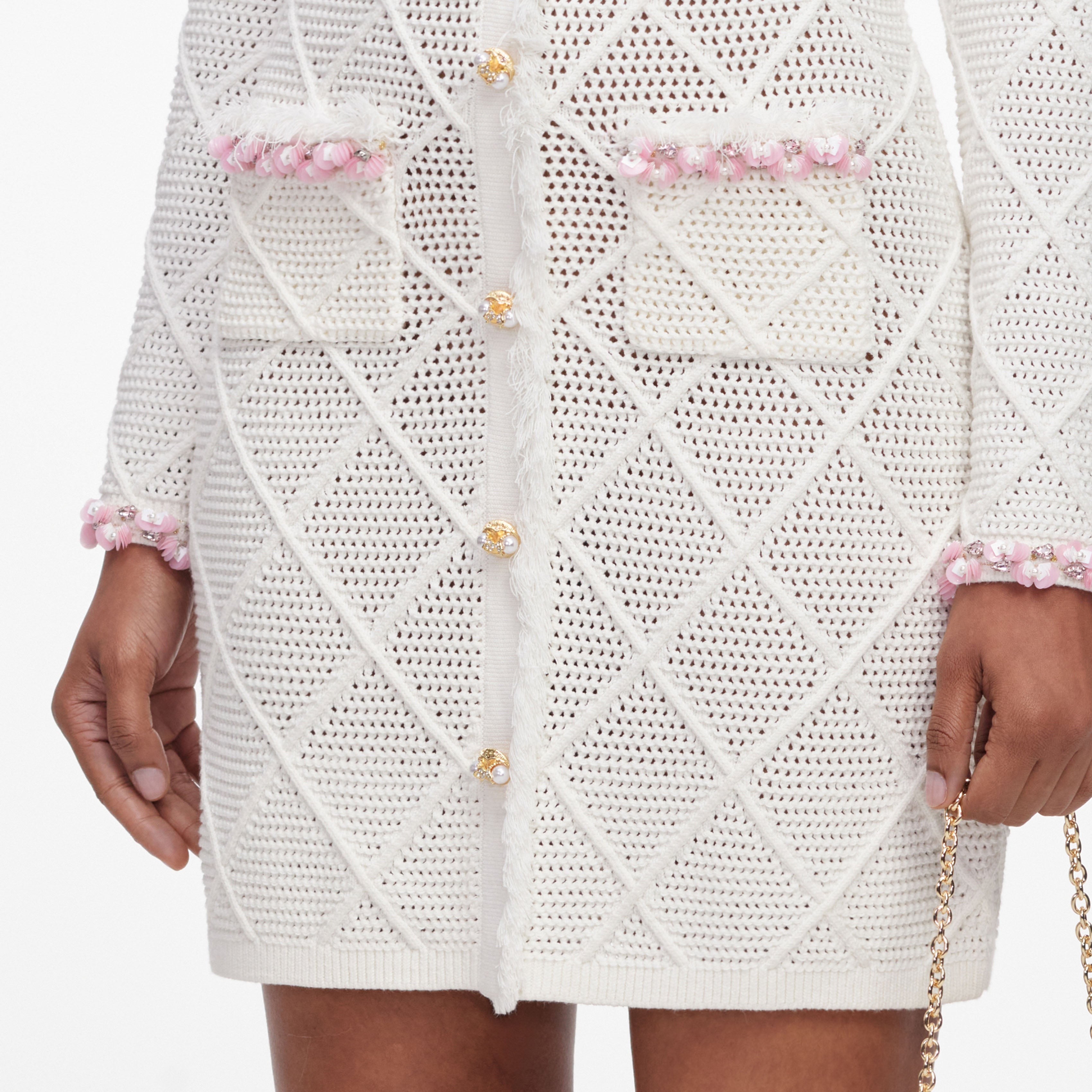 Self Portrait Cream Fringe Strick Mini Kleid Creme