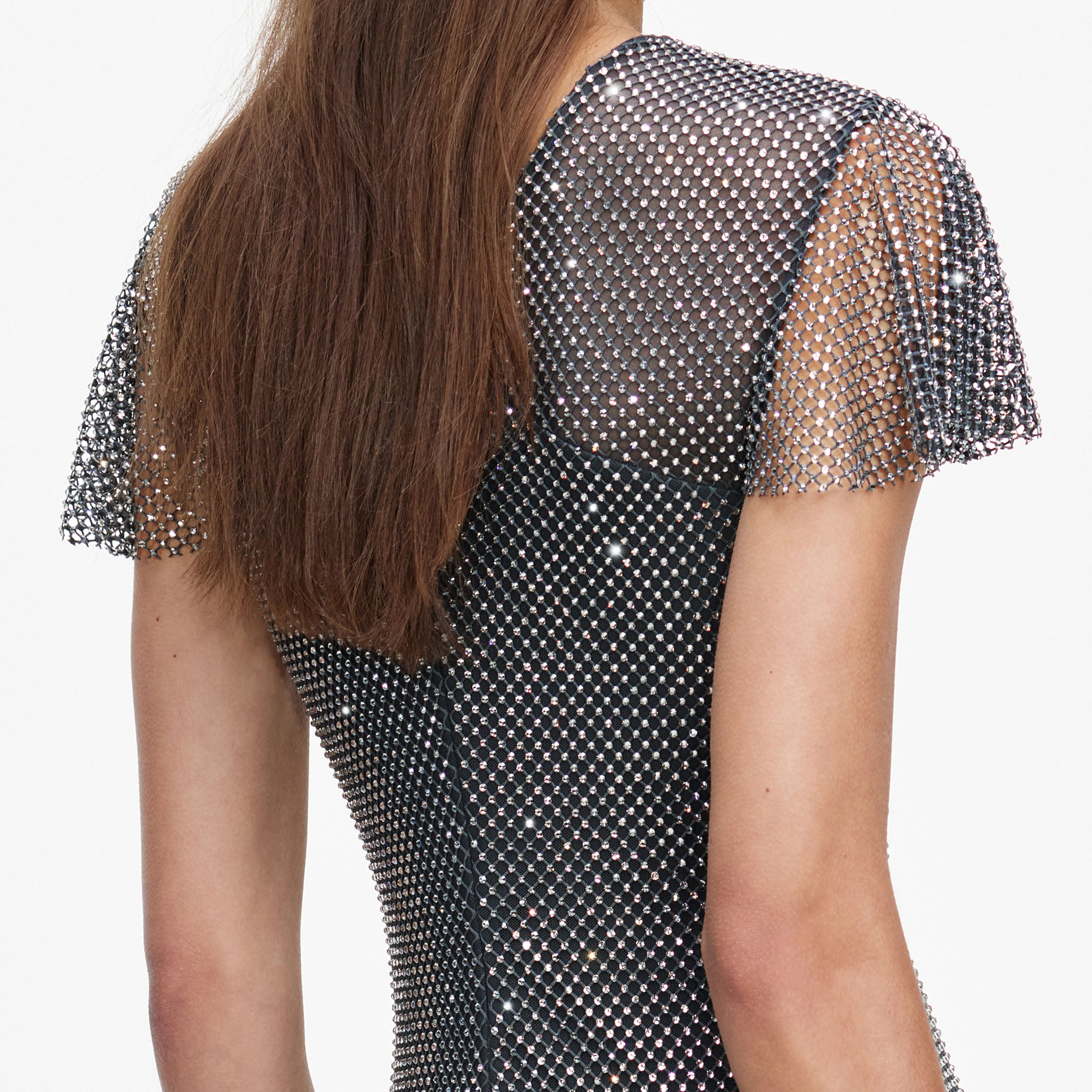 Self Portrait Grey Rhinestone Fishnet Maxi Dress Kleid UK6