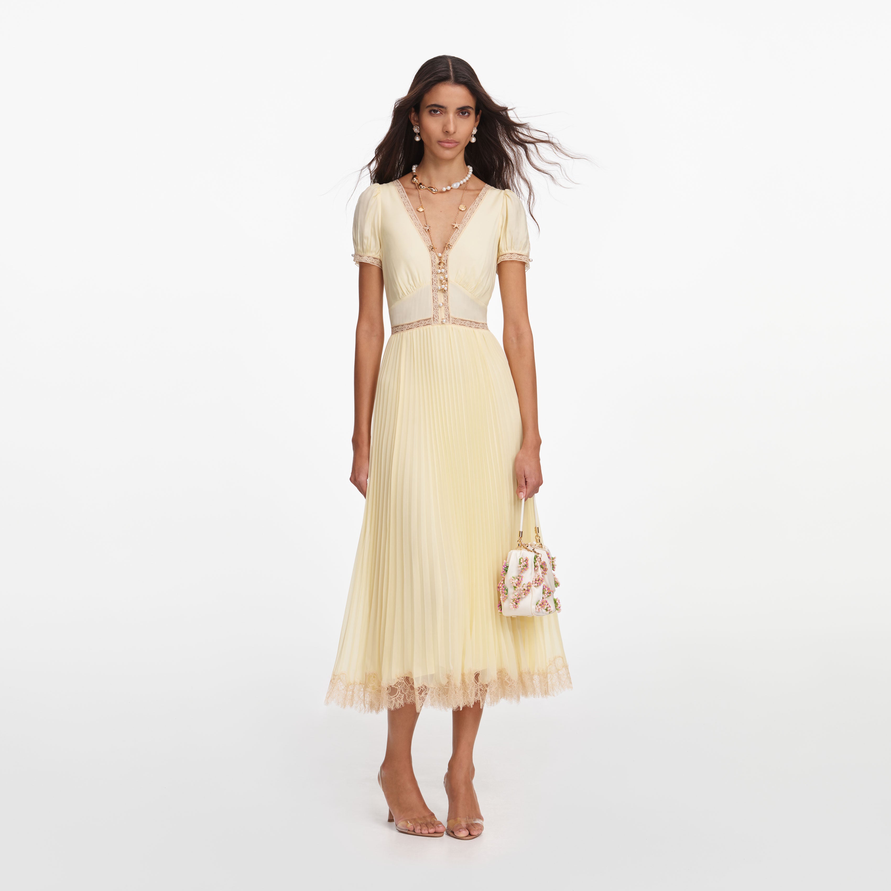 Self-Portrait Yellow Viscose Pleated Lace Midi Kleid Gelb Plissee