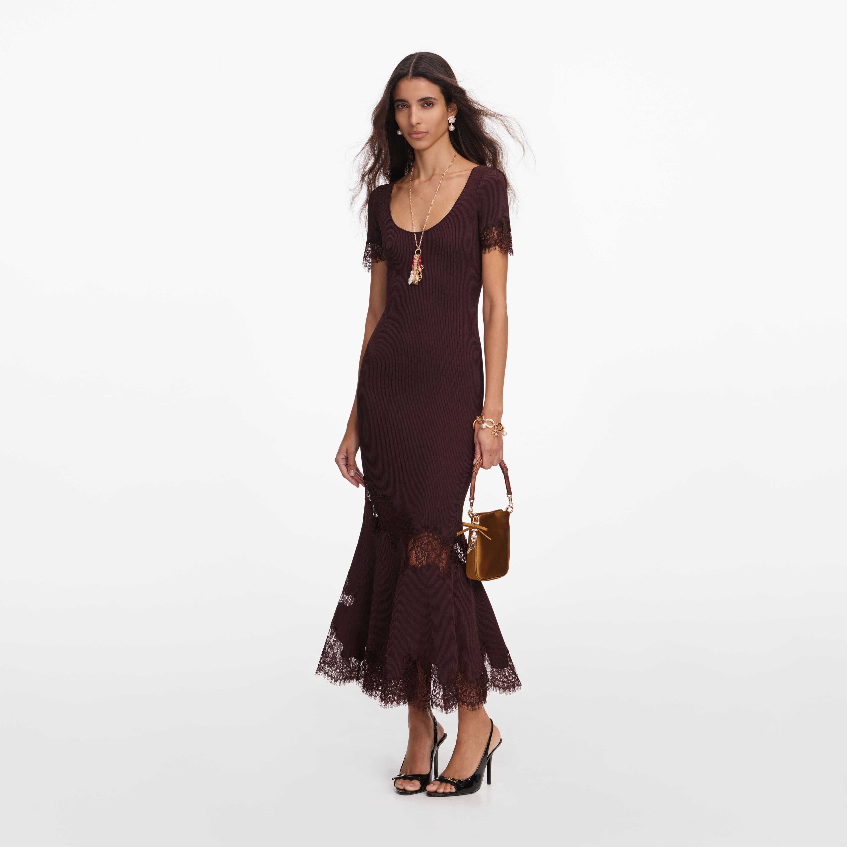 Self Portrait Brown Ribbed Knit Midi Kleid Braun Spitze