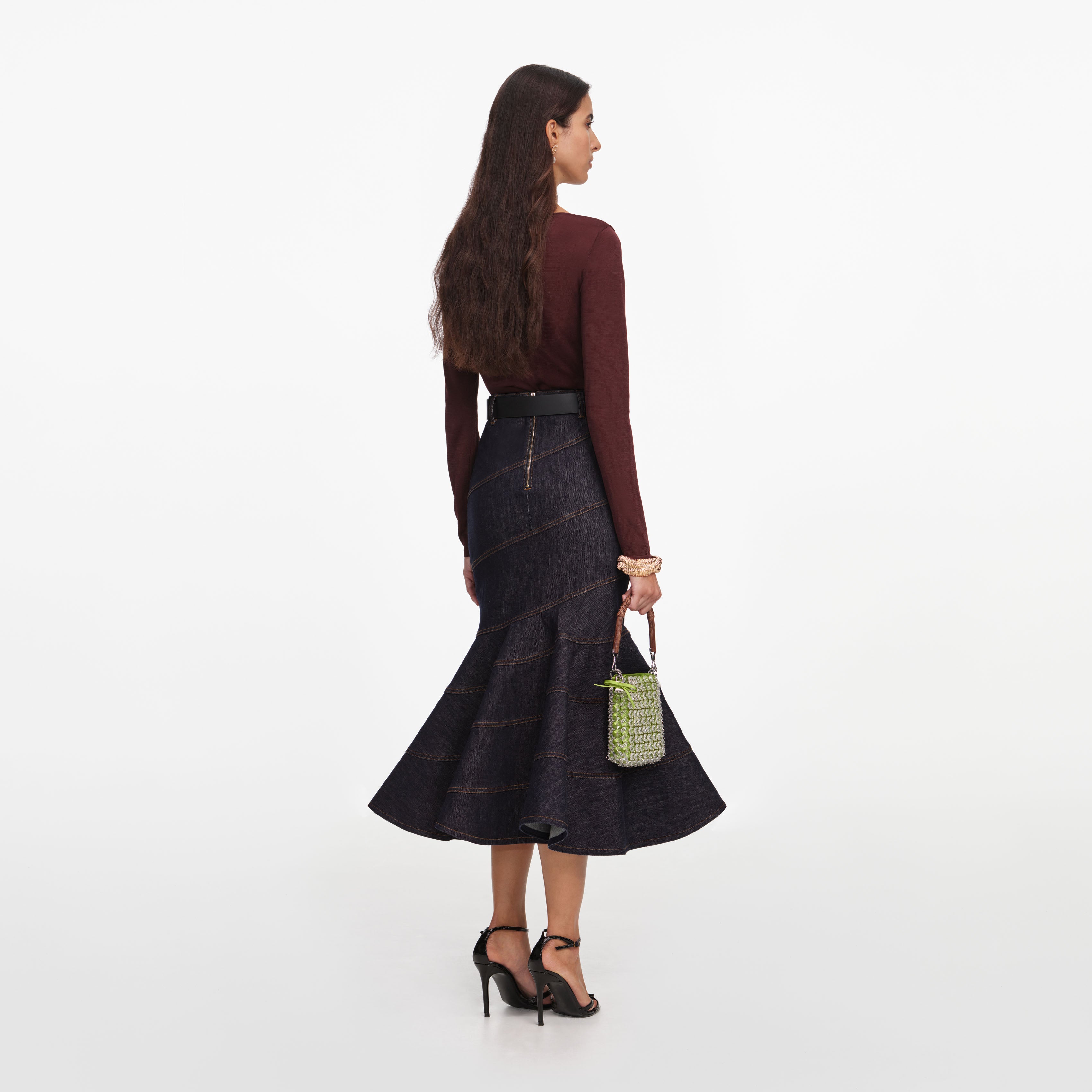 Self Portrait Indigo Denim Belted Midirock UK 6 blau mit Gürtel