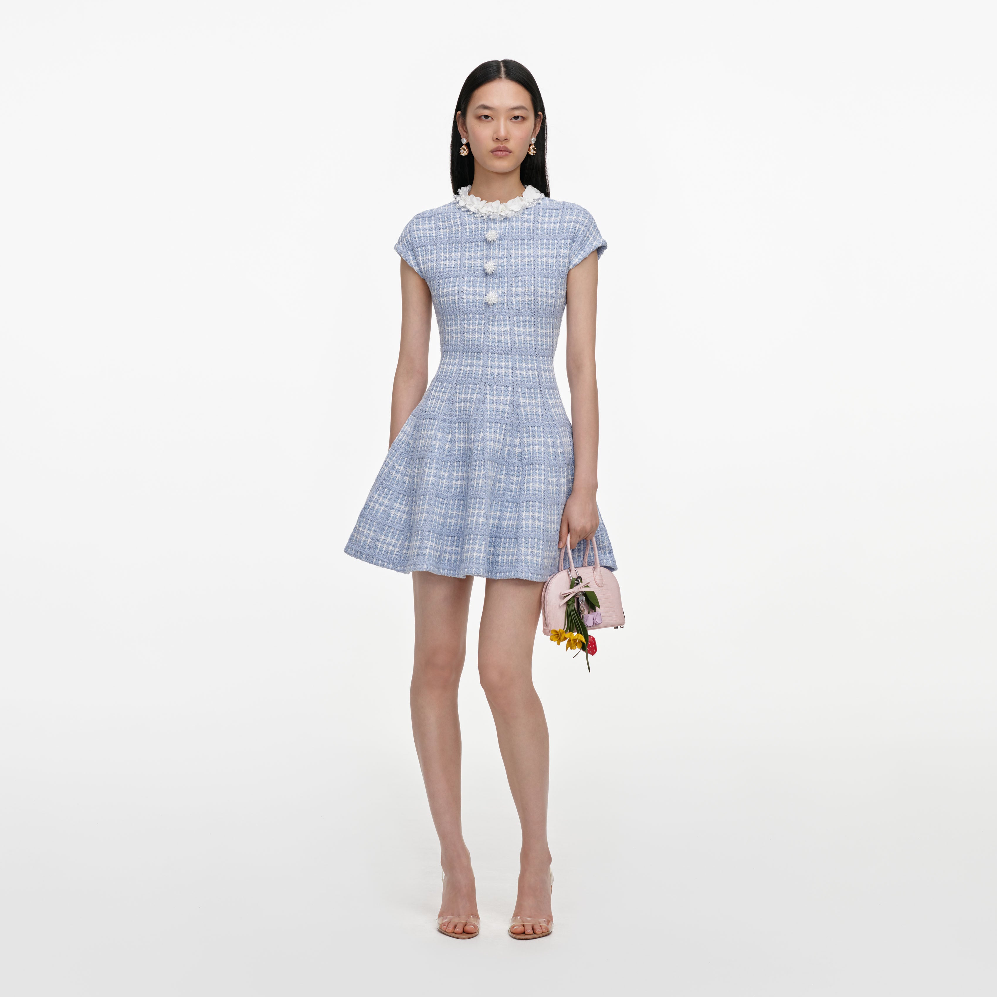 Self Portrait Blue Check Knit Minikleid Blau XS-L Perlen Taschen
