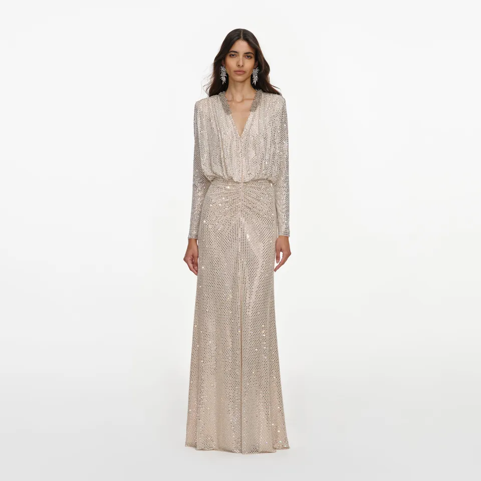 Self Portrait Champagne Rhinestone Maxikleid Champagner