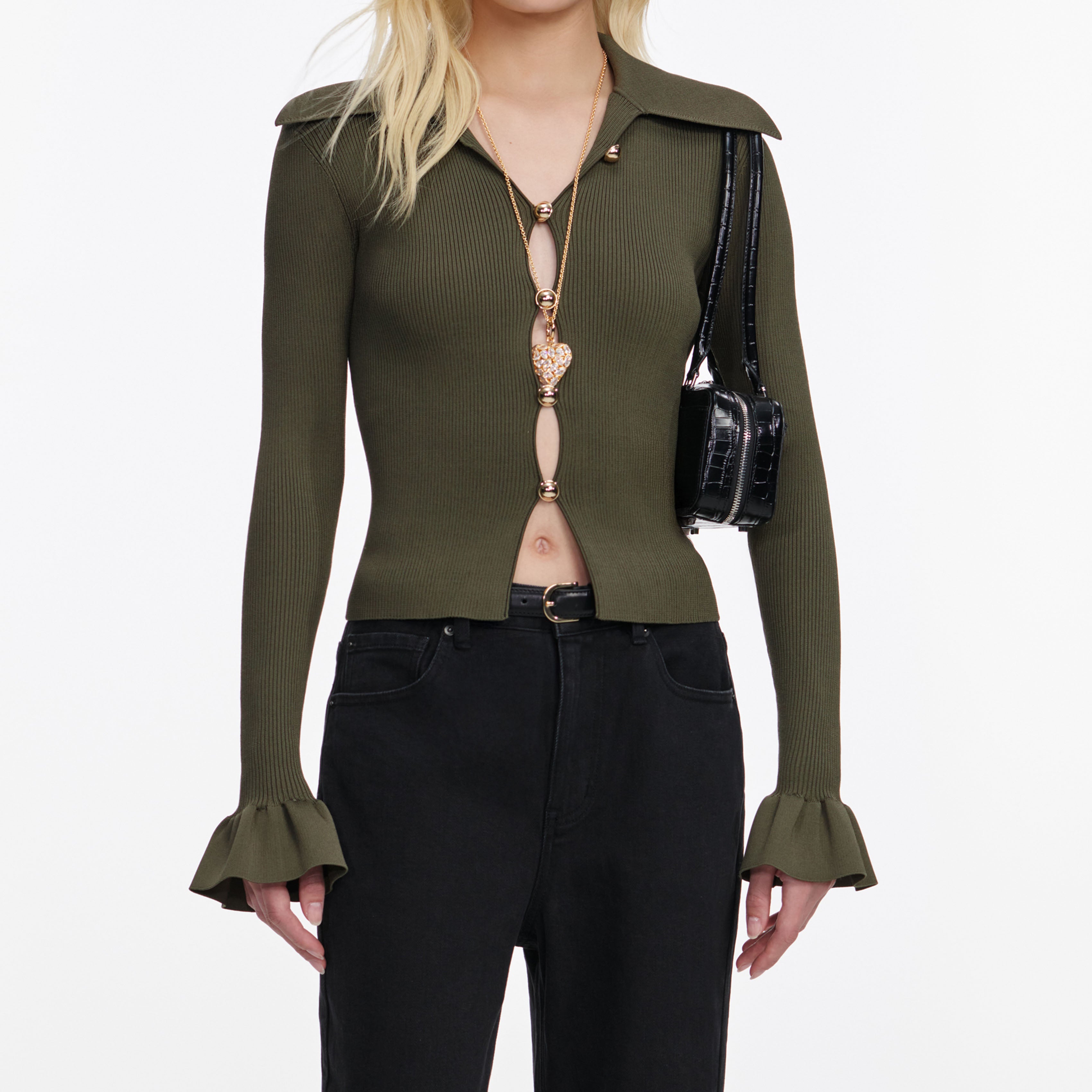Self Portrait Knitwear Khaki Button Top Stricktop Goldknöpfe XS-L