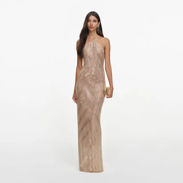 Self Portrait Dresses Champagne Chevron Halterneck Maxi Kleid Champagner rückenfrei