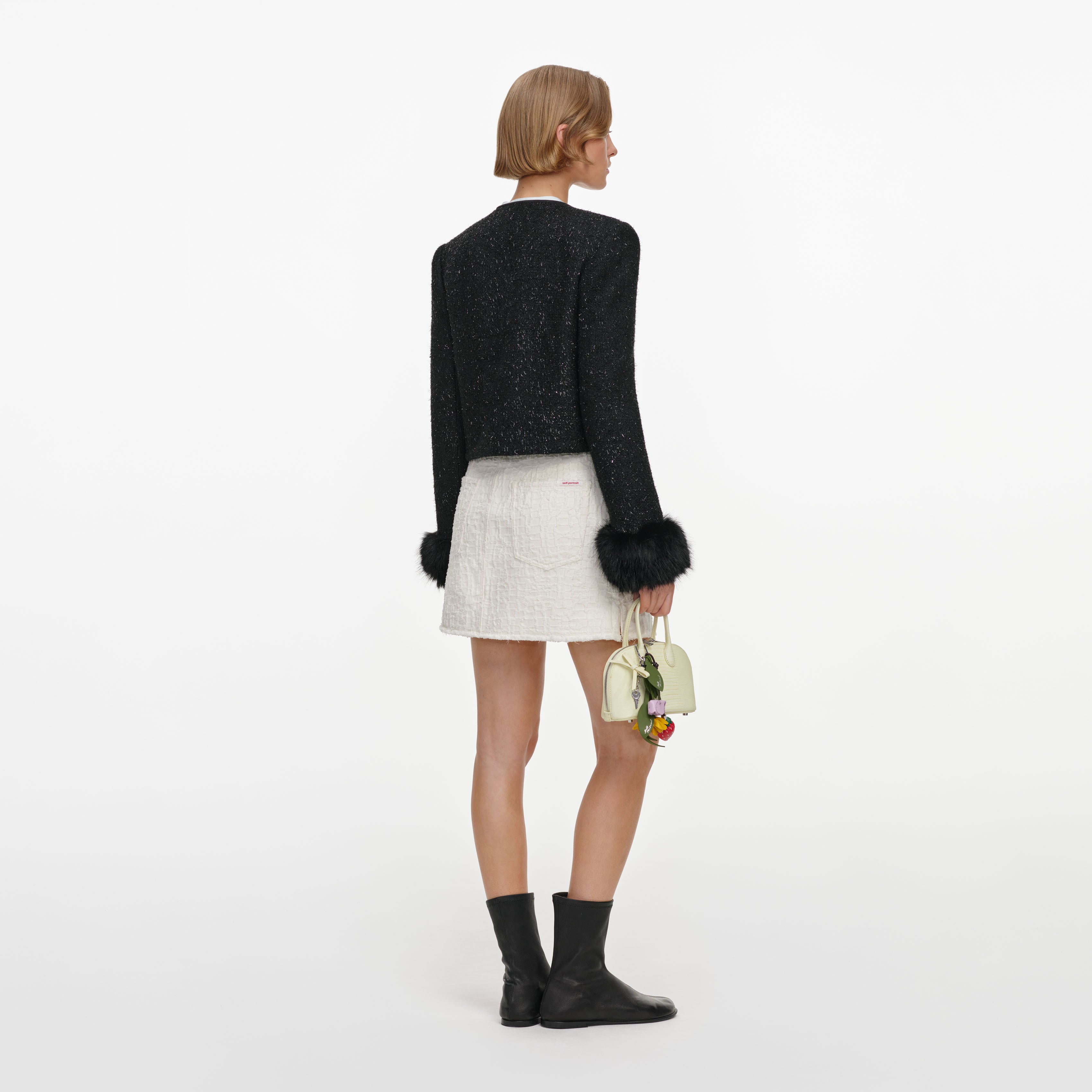 Self-Portrait Black Metallic Boucle Fur Cuff Jacke Schwarz