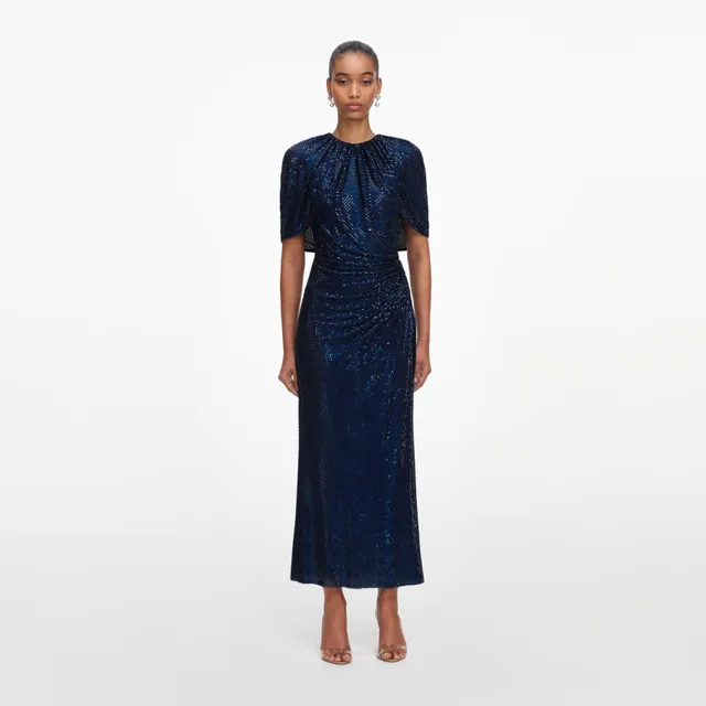 Self Portrait Navy Rhinestone Cape Midikleid mit Strass