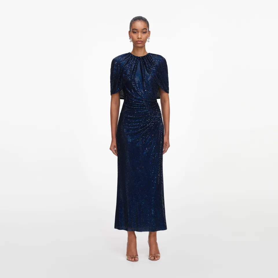 Self Portrait Navy Rhinestone Cape Midikleid mit Strass