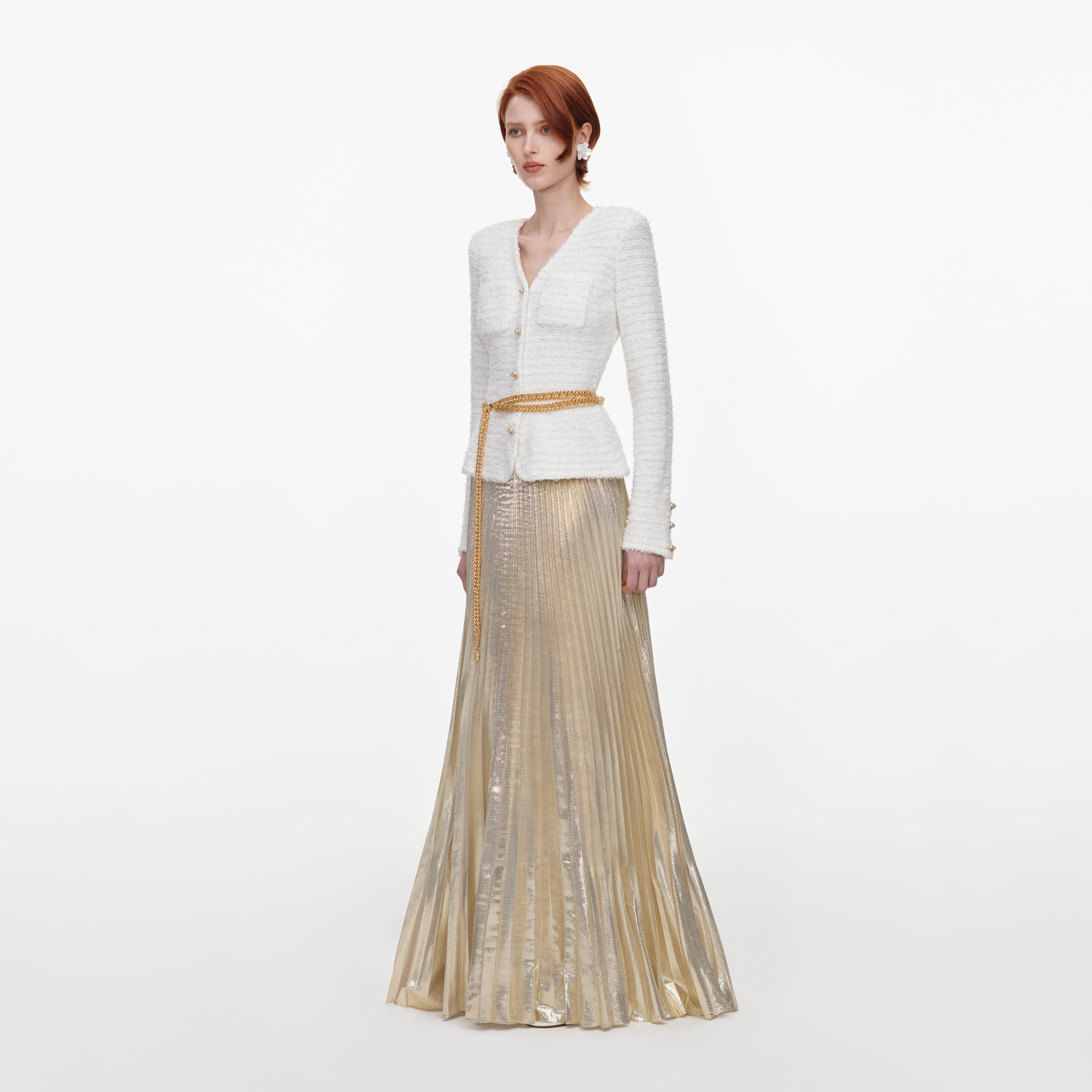 Self Portrait Cream Gold Maxikleid Creme Chiffon Strick