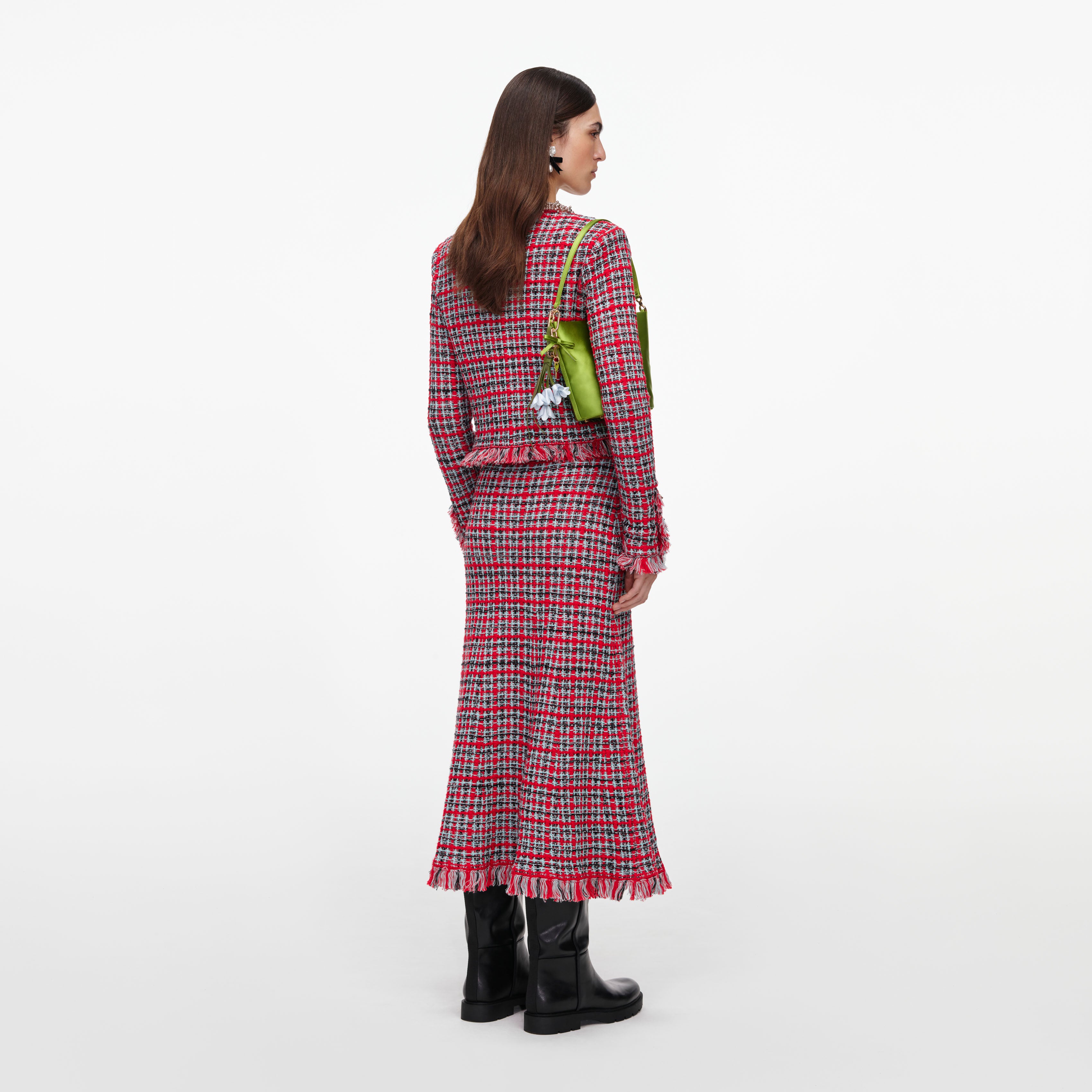 Self Portrait Red Check Frayed Knit Midi Rock Rot