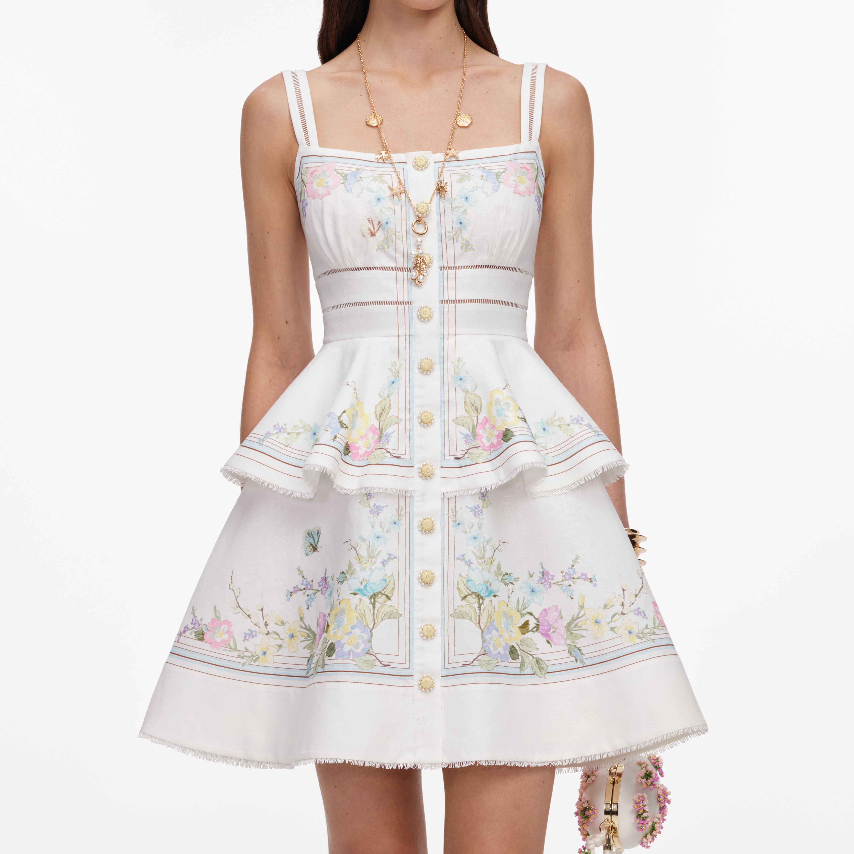Self-Portrait White Floral Linen Peplum Minikleid Weiß