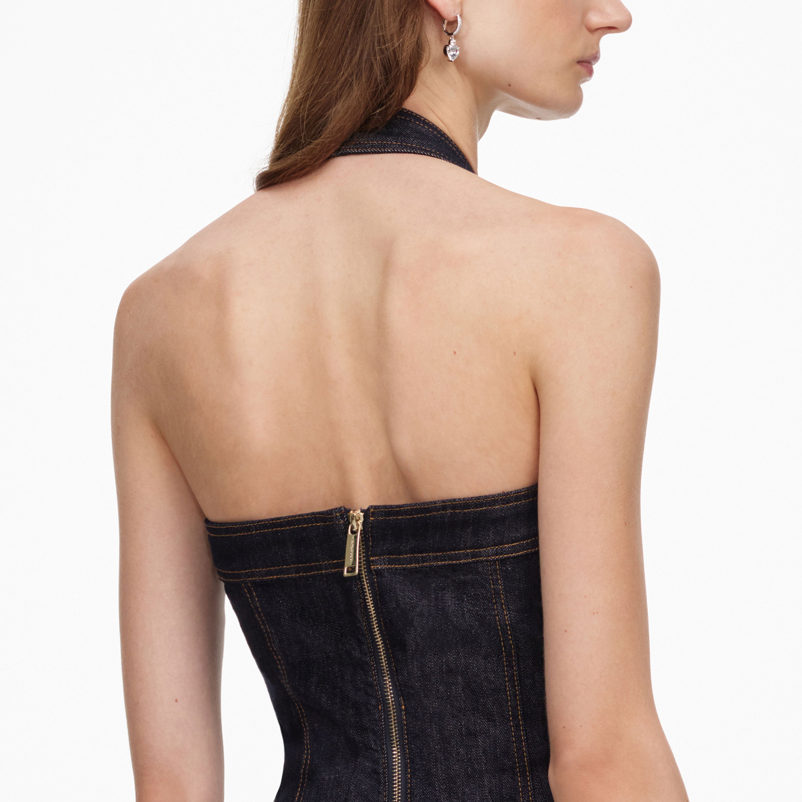 Self Portrait Halterneck Midikleid Indigo Denim Blau