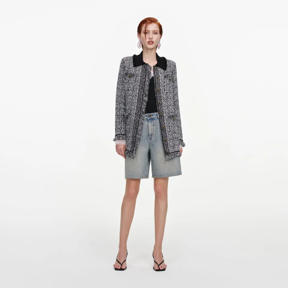 Self Portrait Knitwear Black White Textured Cardigan