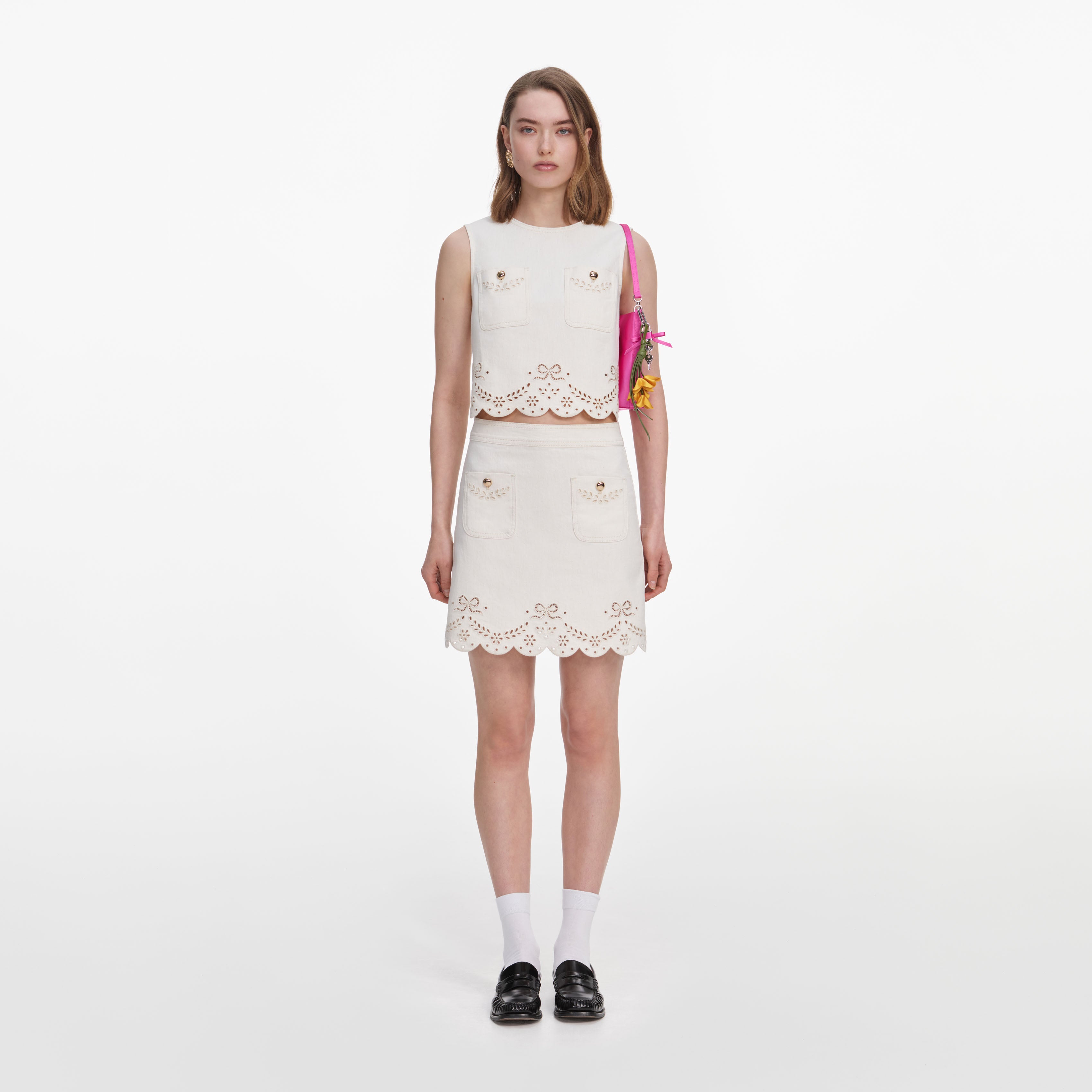 Self Portrait Denim Cream Broderie Denim Mini Rock Creme Stickerei