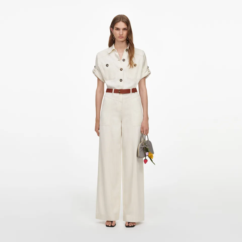 Self Portrait Denim Jumpsuit creme Kurzarm