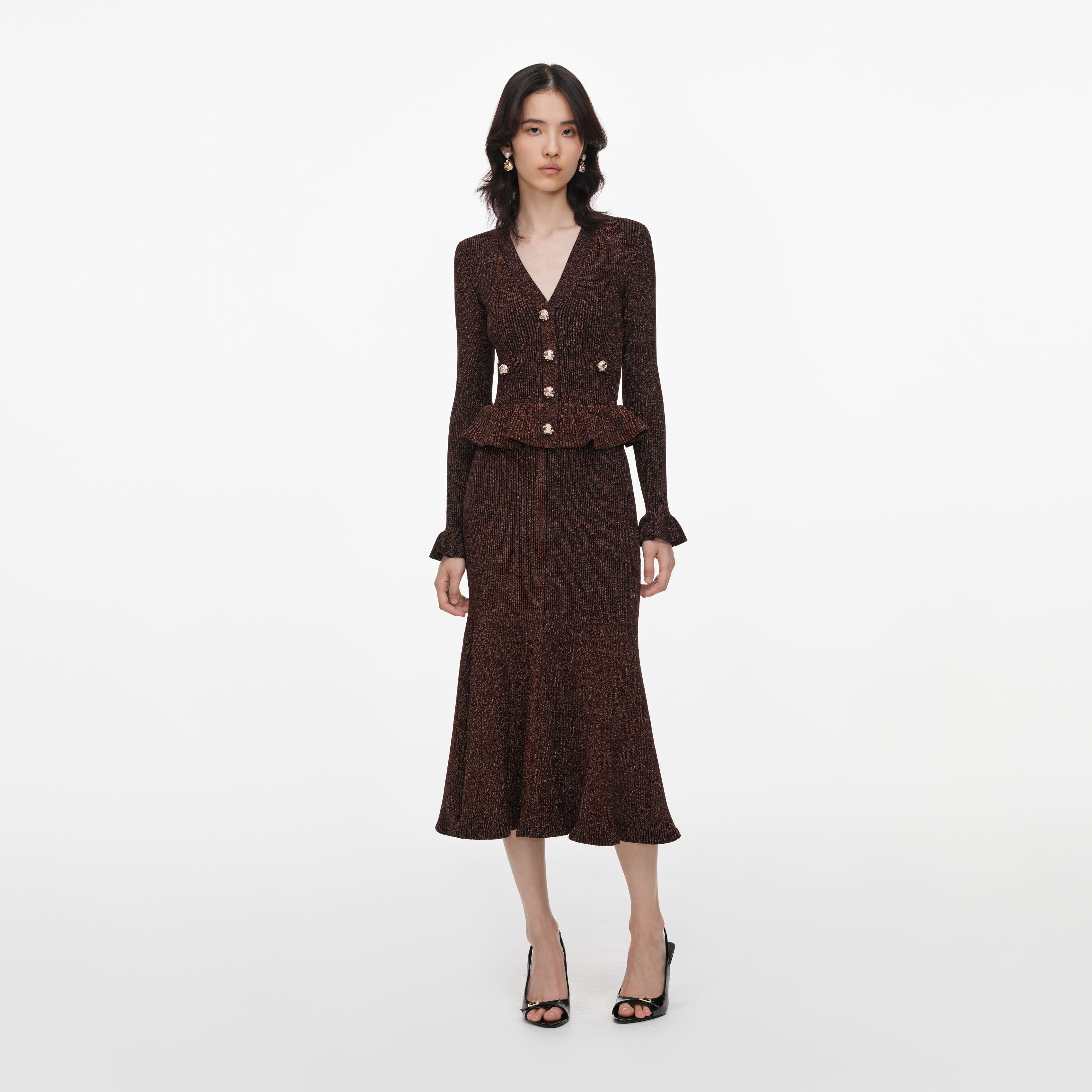 Self Portrait Dresses Brown Lurex Midi Kleid Strick Peplum Braun