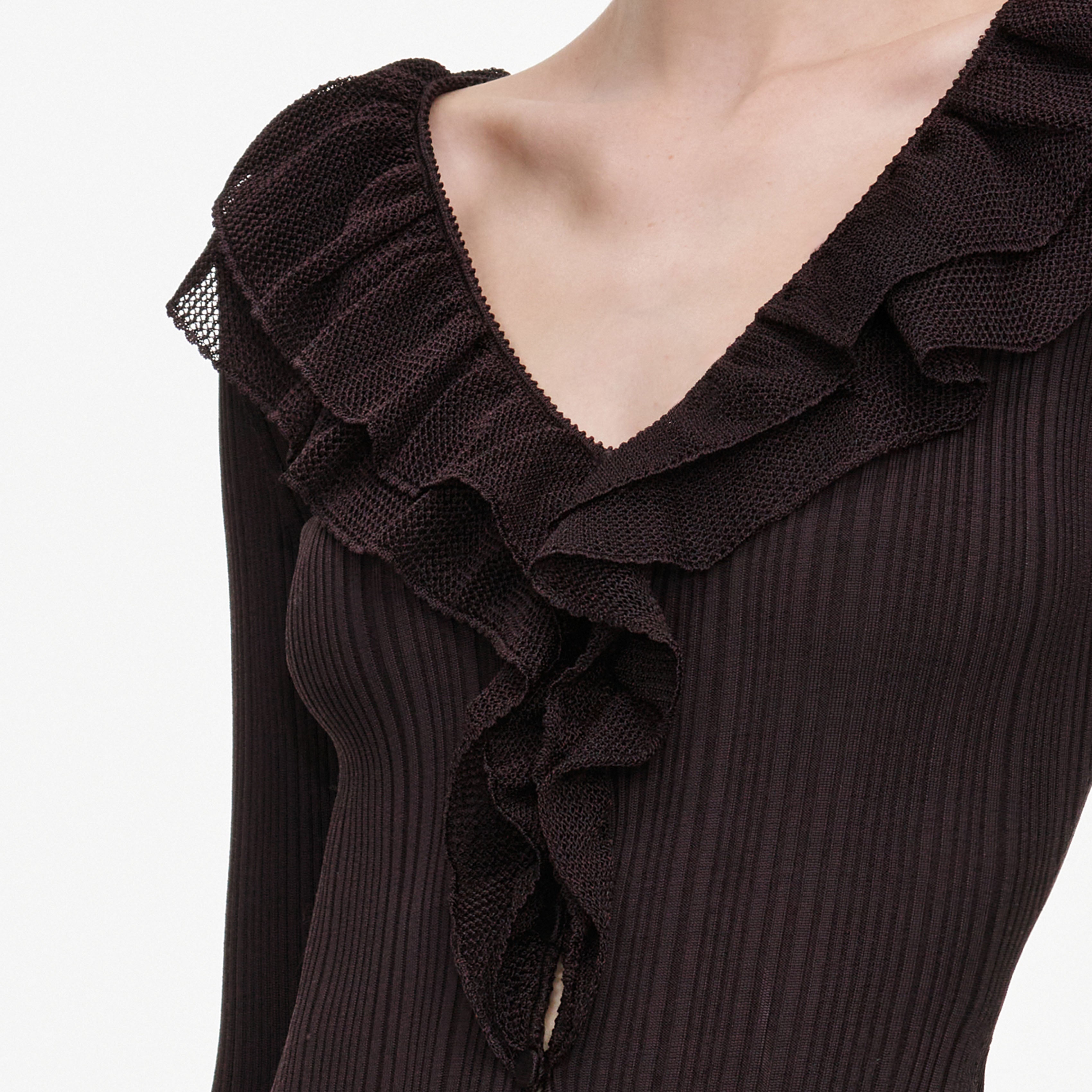Self Portrait Brown Ruffle Knit Bodysuit S Body braun V-Ausschnitt