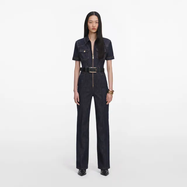 Self Portrait Indigo Denim Jumpsuit Overall Indigo Stretch